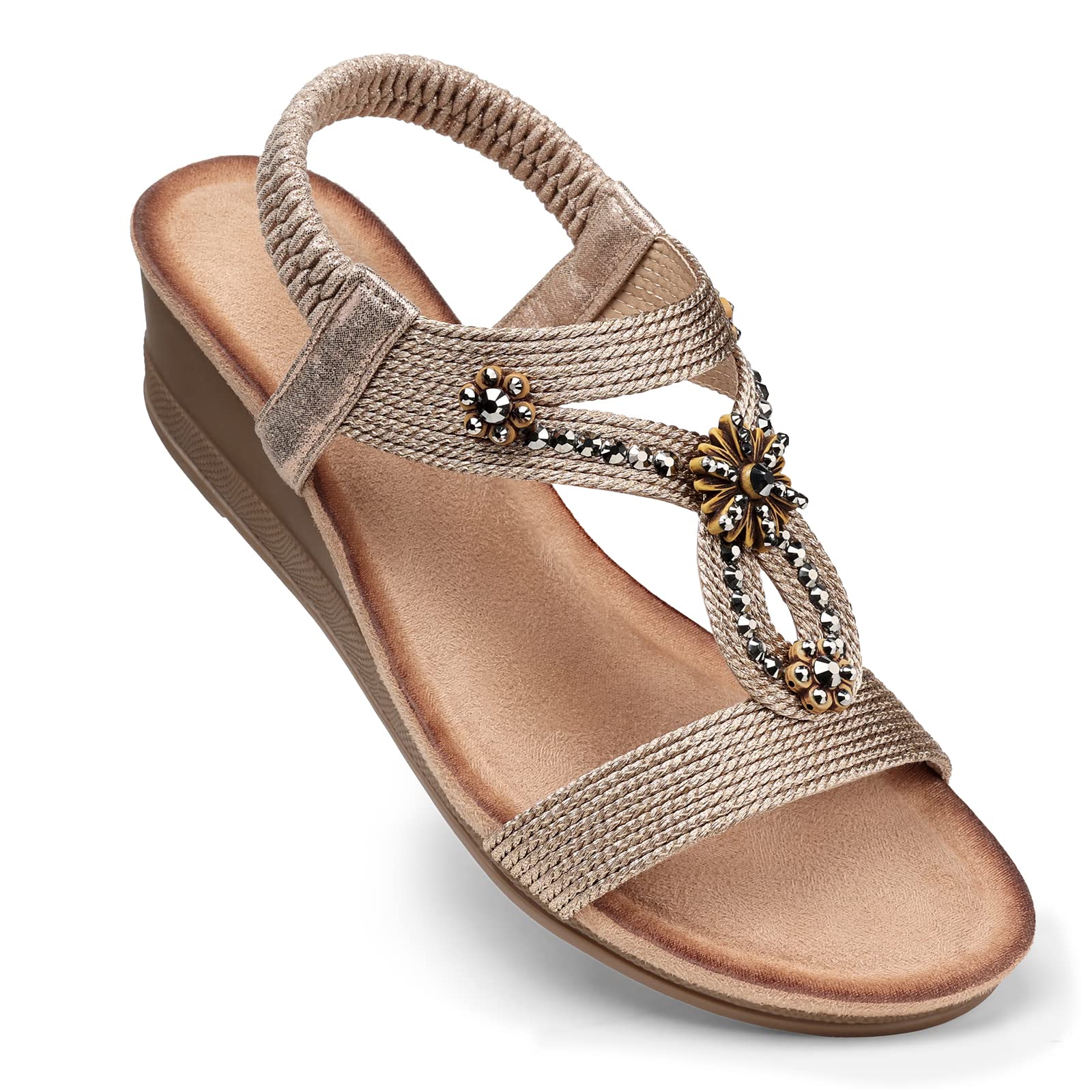 SHIBEVER Womens Wedge Sandals Flower Low Heel Dressy Sandals Elastic Ankle Strap Rhinestone Summer Comfortable Shoe