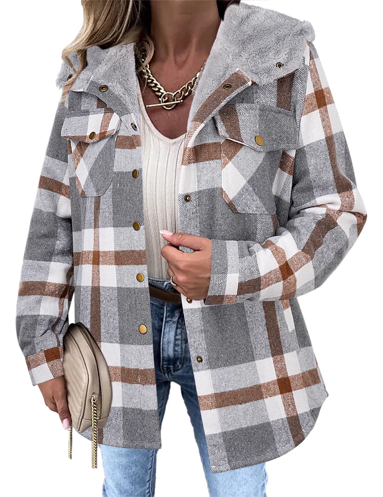 Zeagoo Womens Plaid Shacket Jacket Long Sleeve Fleece Hooded Jackets Fall Winter Warm Coat S-2XL