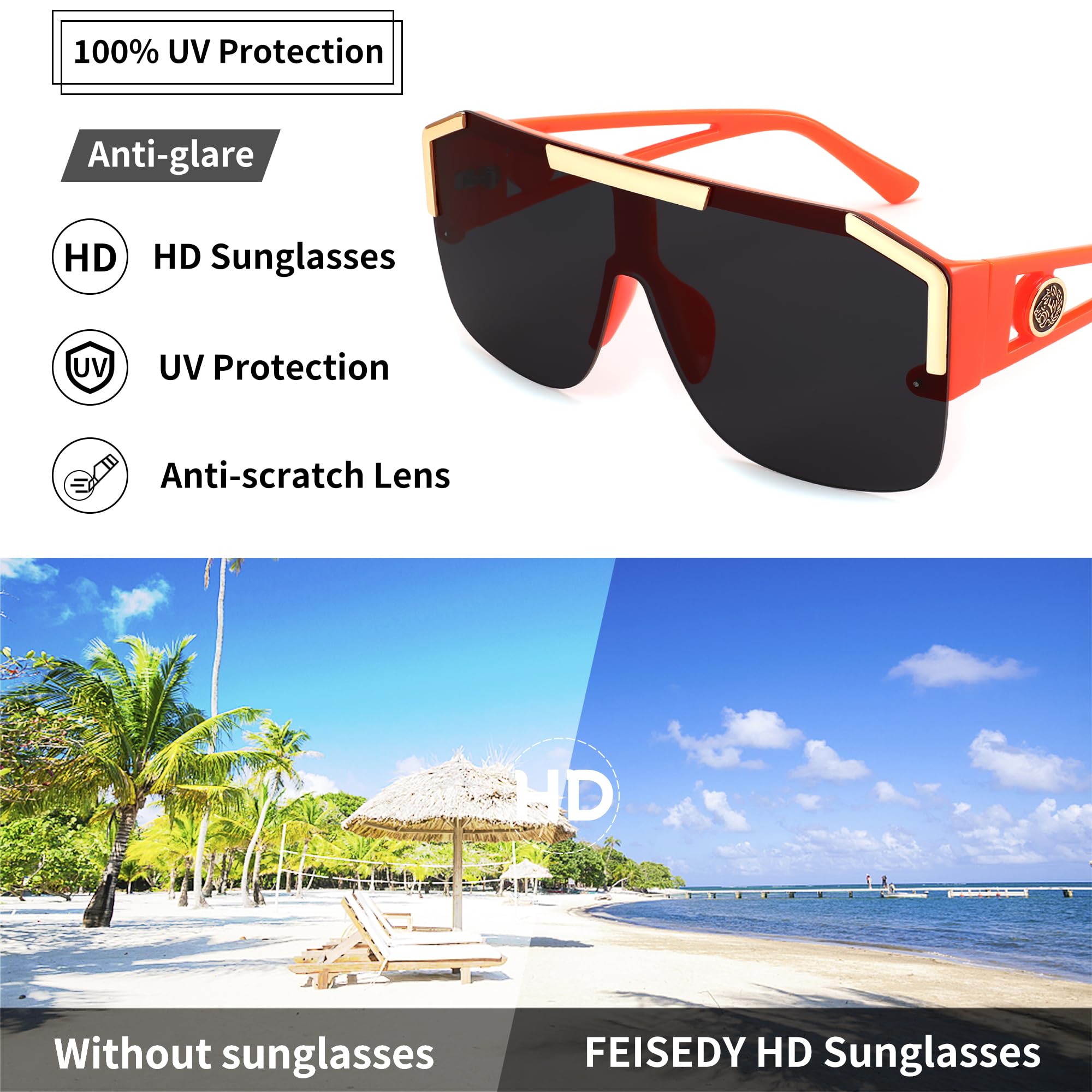 FEISEDY Square Oversized Sunglasses for Men Women, Flat Top Shield One Piece Lens Sun Glasses Shades B2765