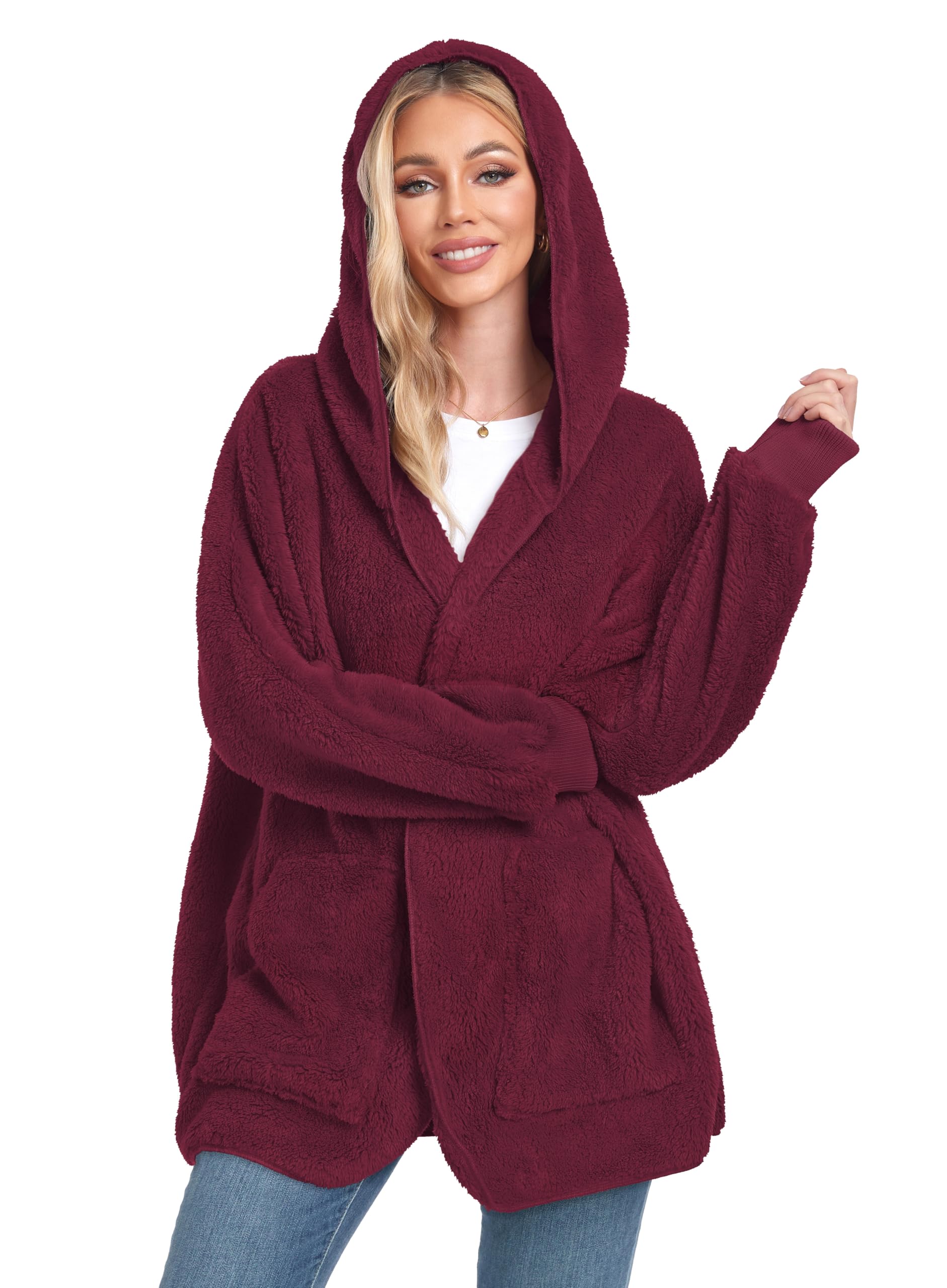 CHICGAL Womens Fuzzy Jacket Hooded Cardigan Open Front Sherpa Coat Outwear with Pockets