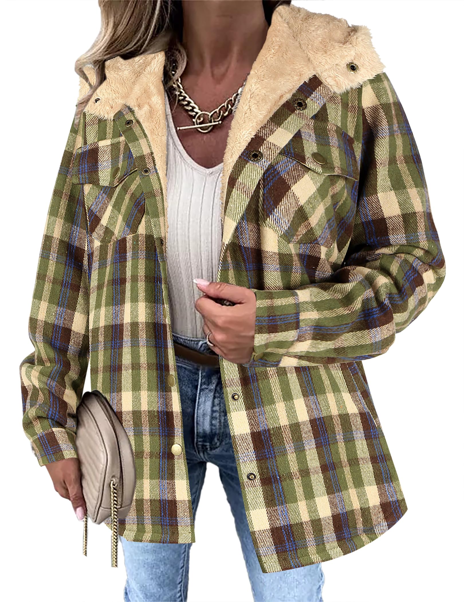 Zeagoo Womens Plaid Shacket Jacket Long Sleeve Fleece Hooded Jackets Fall Winter Warm Coat S-2XL