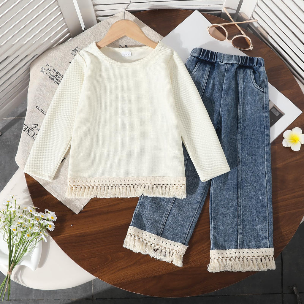 3-7 Years Toddler Girls Pants Set - Tassel Top & Washed Denim Pants Fall Winter Clothing Outfits Set for Girls