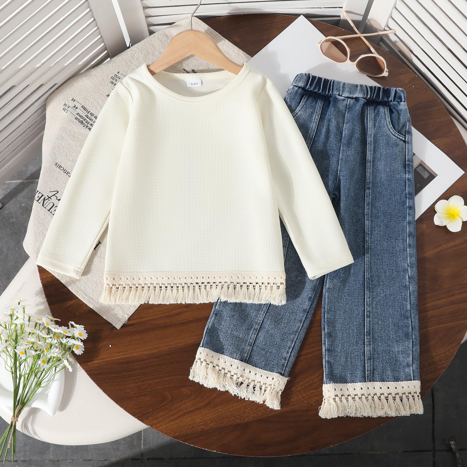 3-7 Years Toddler Girls Pants Set - Tassel Top & Washed Denim Pants Fall Winter Clothing Outfits Set for Girls