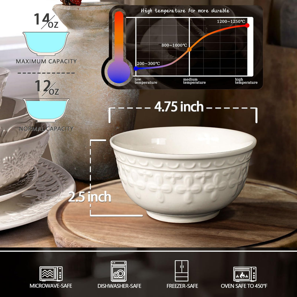 Large Salad Bowls Set of 4, 60oz White Serving Bowls Deep Deep Embossed Ceramic Mixing Bowl for Soup Kitchen, Eating, Ramen, Pasta, Dishwasher & Microwave Safe 8 inch (Multiple Patterns)