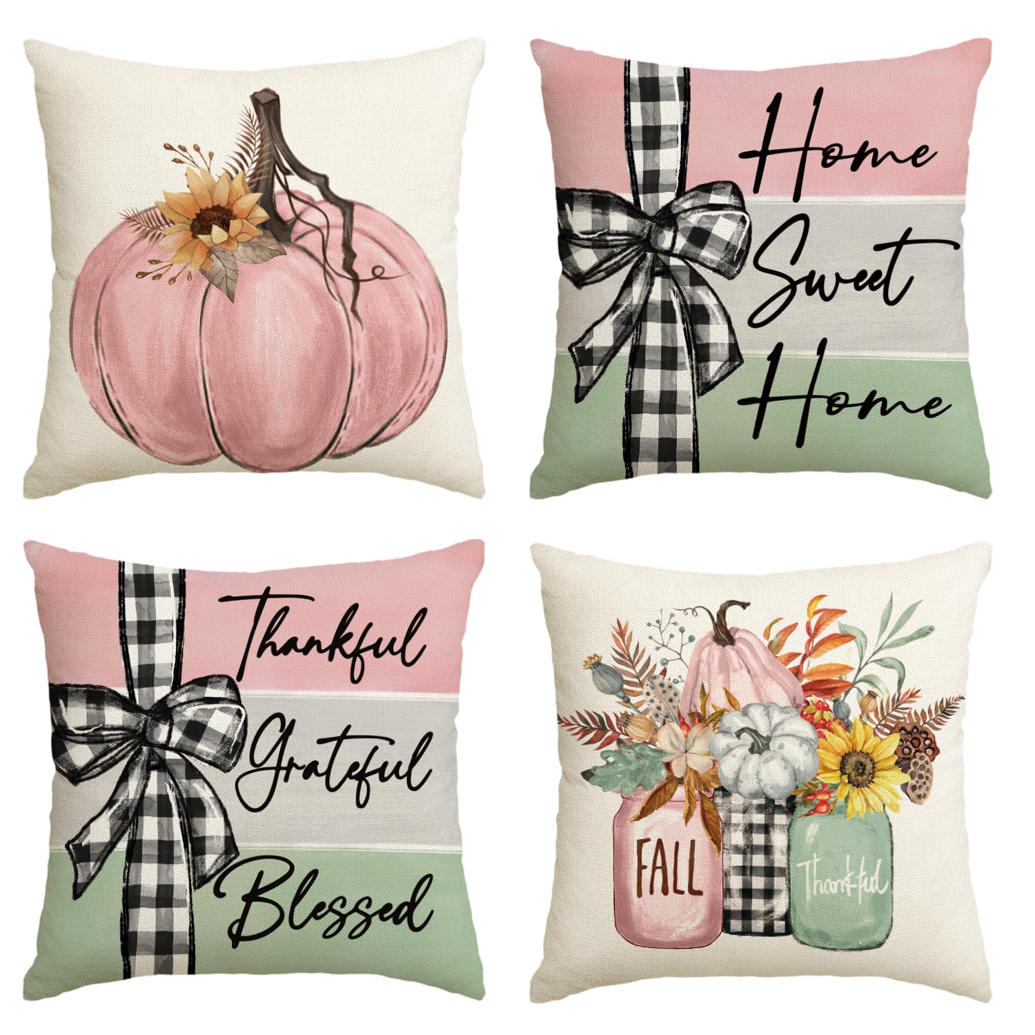 AVOIN colorlife Fall Pumpkin Home Sweet Home Throw Pillow Covers, 18 x 18 Inch Autumn Thankful Grateful Blessed Harvest Floral Decorations for Sofa Couch Set of 4