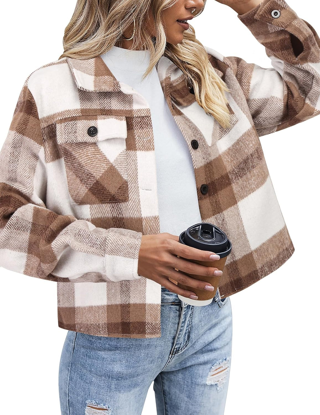 Zeagoo Flannels for Women Cropped Shacket Jacket Fashion Plaid Button Down Shirt 2025 Fall Coat Tops