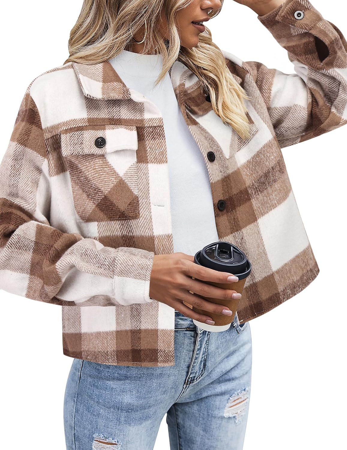 Zeagoo Flannels for Women Cropped Shacket Jacket Fashion Plaid Button Down Shirt 2025 Fall Coat Tops