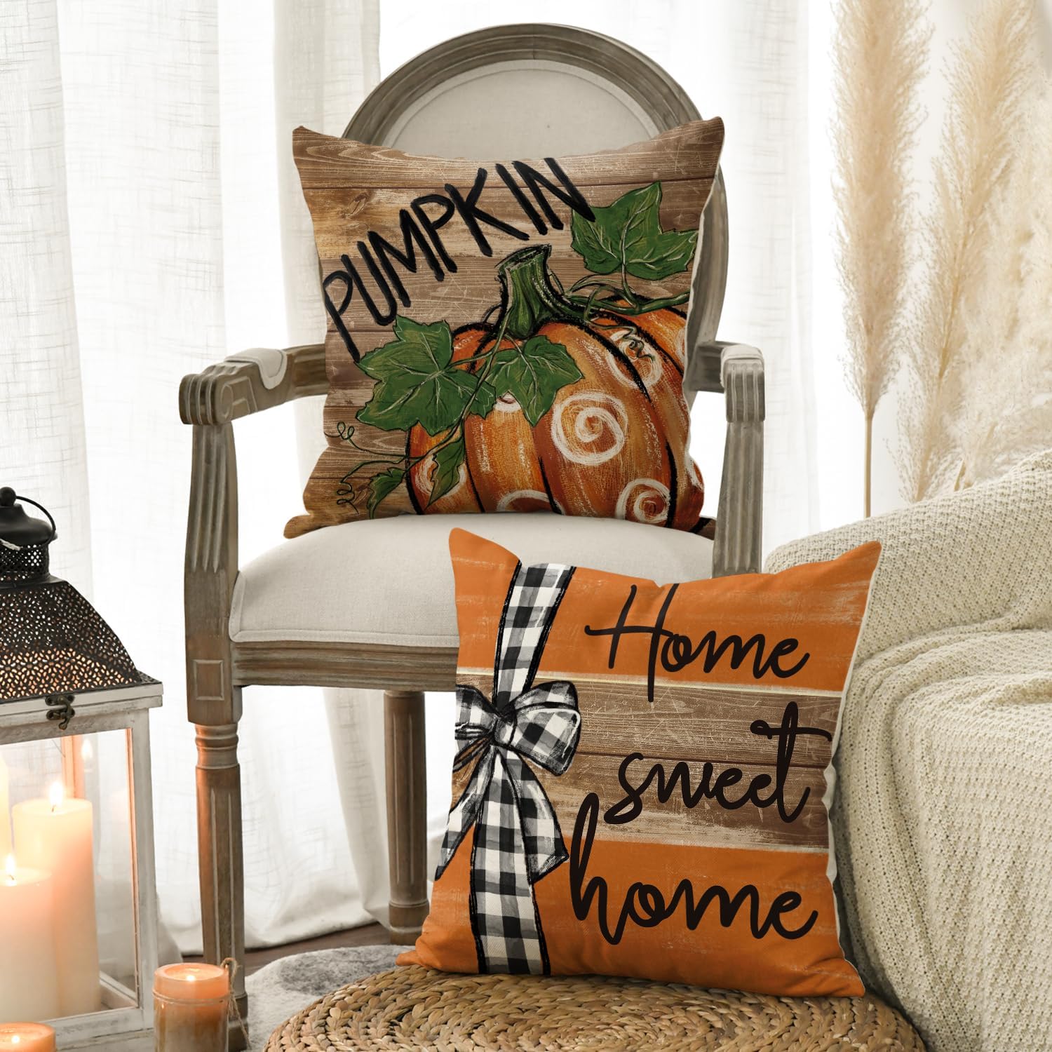 AVOIN colorlife Fall Pumpkin Home Sweet Home Thanksgiving Throw Pillow Covers, 18 x 18 Inch Love Lives Here Autumn Harvest Stripes Polka Dots Give Thanks Decorations for Sofa Couch Set of 4