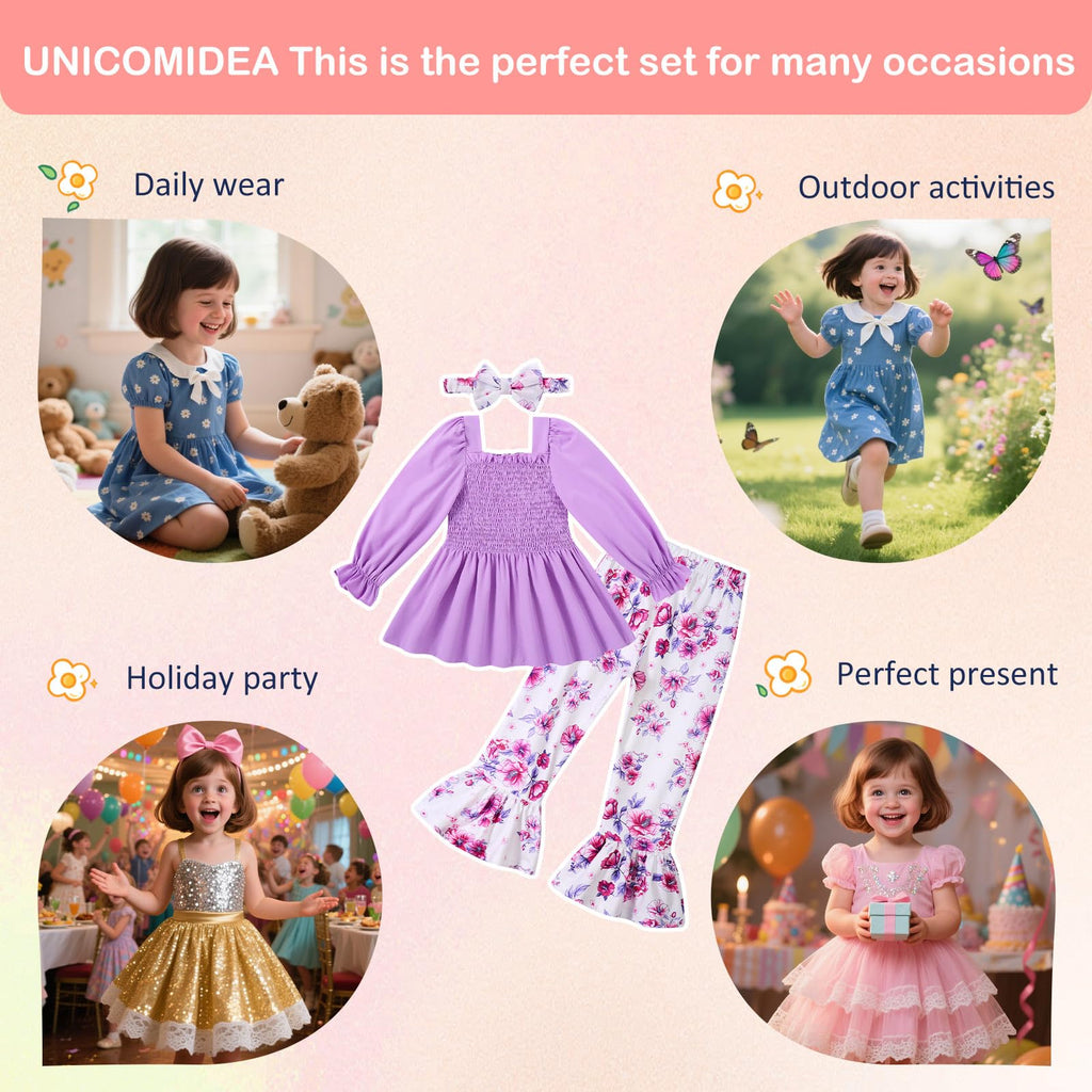 UNICOMIDEA Girls Clothes Set Shirt Top and Flare Pants with Bowknot 2-5T Kids 3 Piece Outfit For Girl