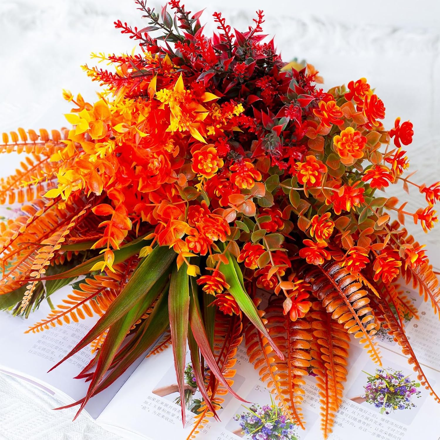 9 Bundles Artificial Fall Flowers,Fake Plants, Orange and Red Autumn Plants for Outdoor Decorations, Halloween Thanksgiving Christmas Wedding Party Indoor Home Garden Fireplace Décor