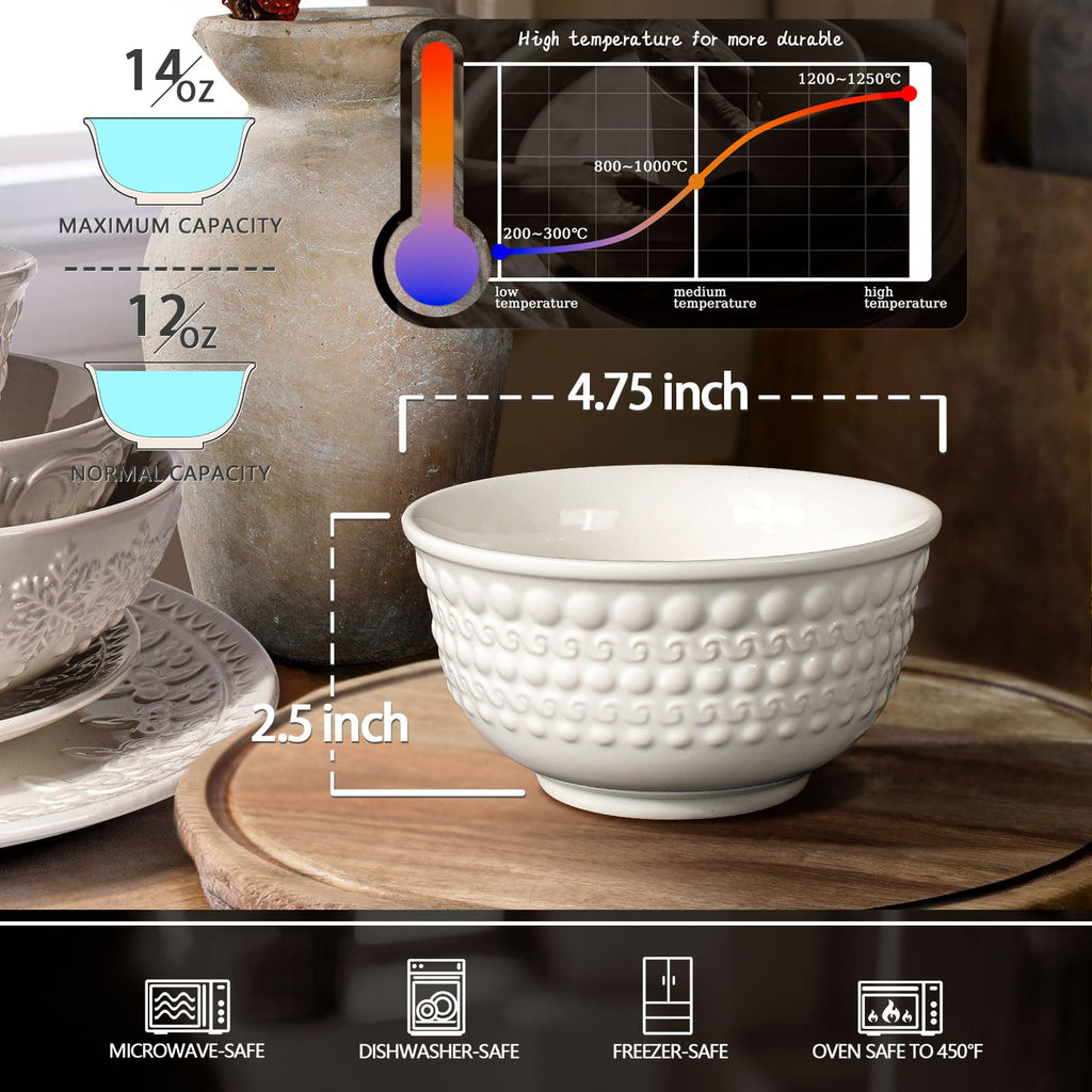 Large Salad Bowls Set of 4, 60oz White Serving Bowls Deep Deep Embossed Ceramic Mixing Bowl for Soup Kitchen, Eating, Ramen, Pasta, Dishwasher & Microwave Safe 8 inch (Multiple Patterns)