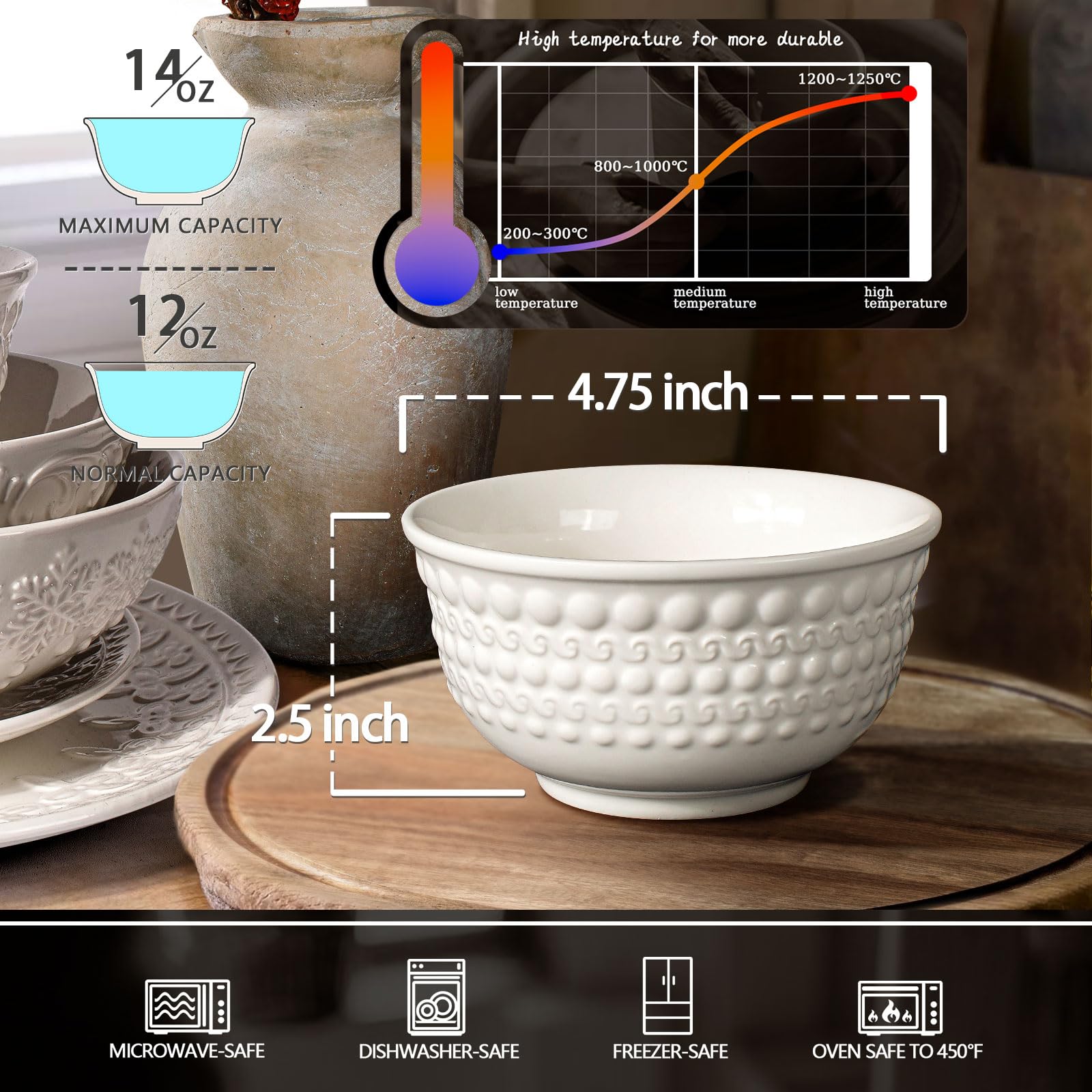 Large Salad Bowls Set of 4, 60oz White Serving Bowls Deep Deep Embossed Ceramic Mixing Bowl for Soup Kitchen, Eating, Ramen, Pasta, Dishwasher & Microwave Safe 8 inch (Multiple Patterns)