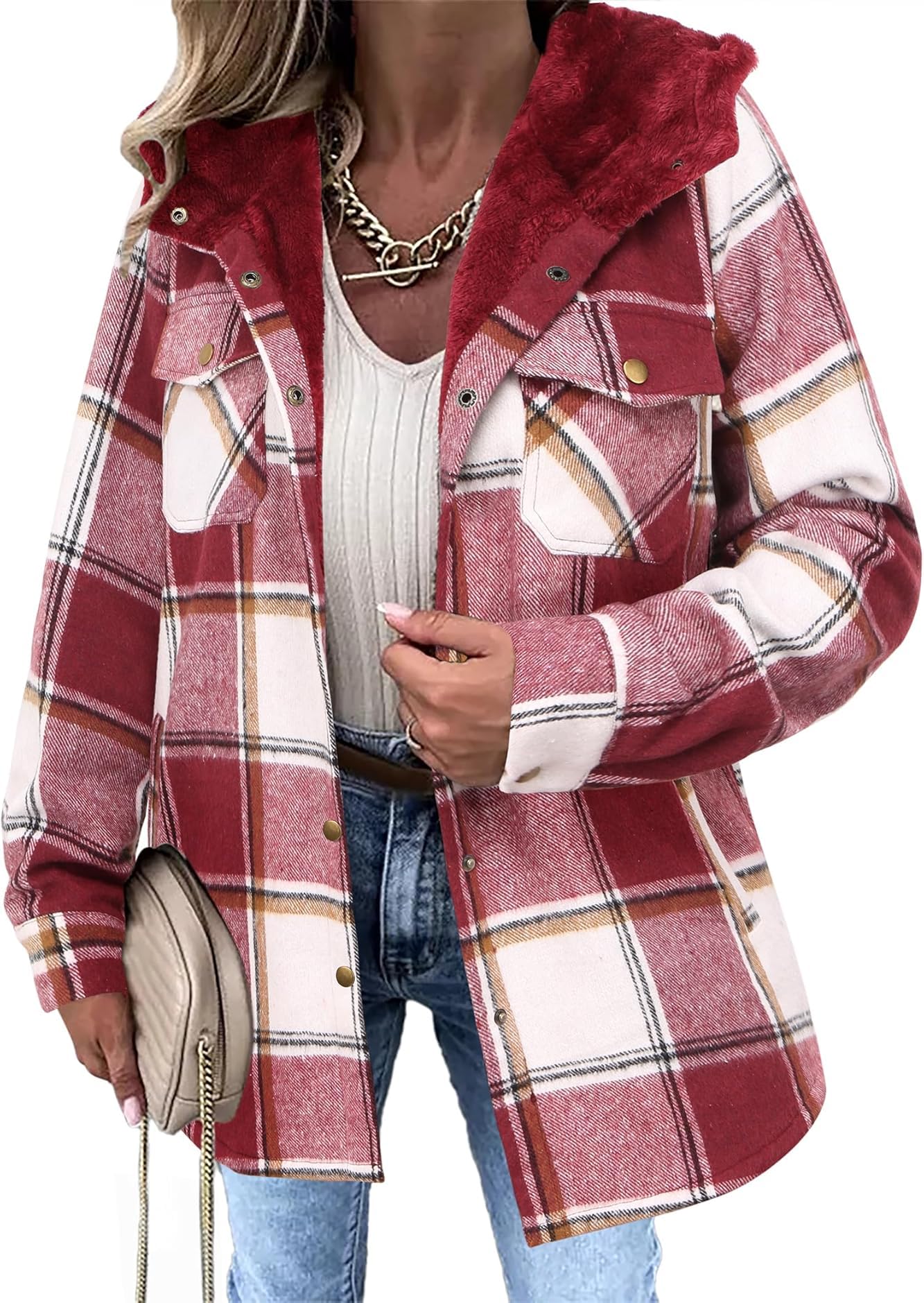 Zeagoo Womens Plaid Shacket Jacket Long Sleeve Fleece Hooded Jackets Fall Winter Warm Coat S-2XL