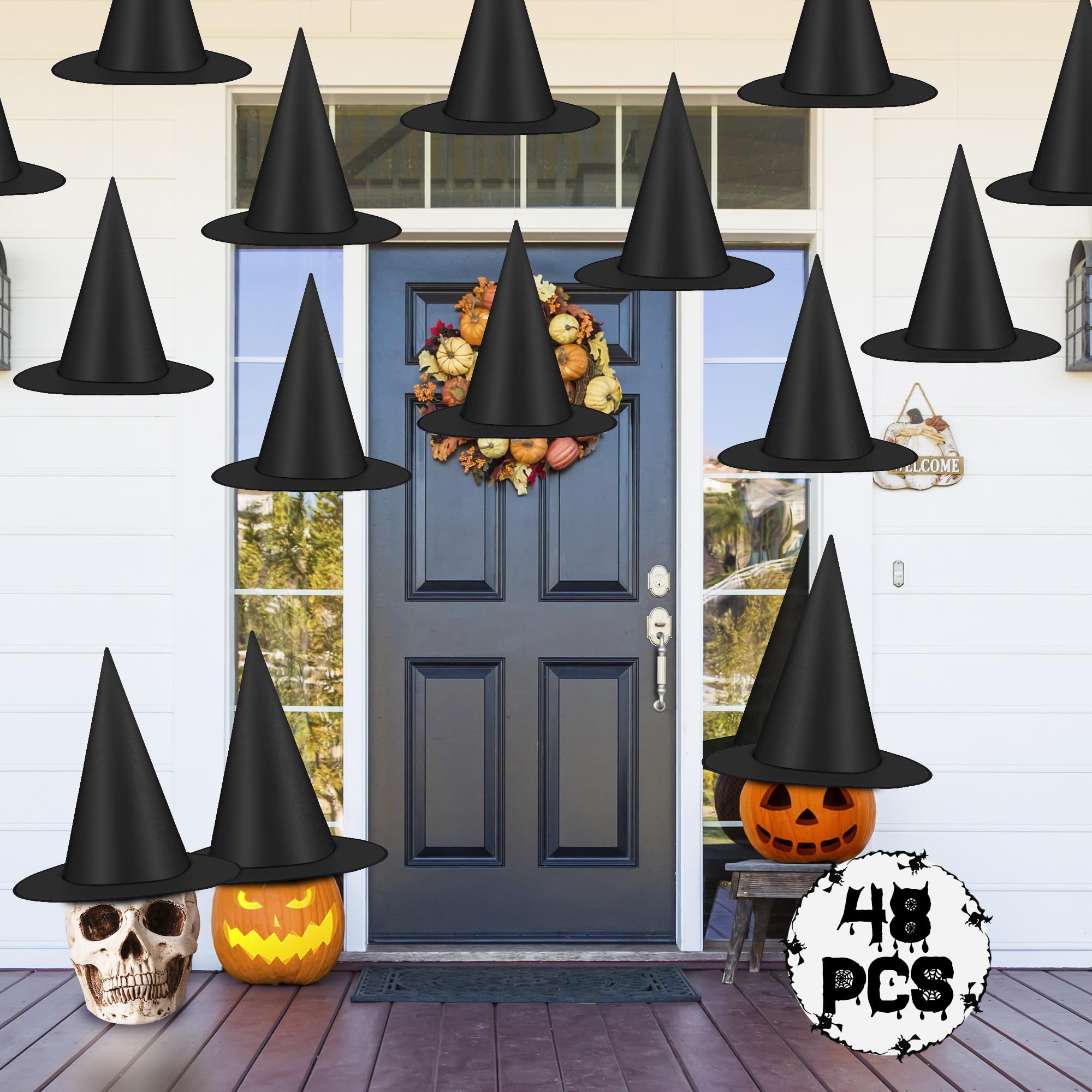 12 PCS Halloween Witch Hats, Black Hanging Witch Hat, Witch Costume Accessories Witches Hat with 328 FT Nylon Cord Wizard Hats Indoor Outdoor Halloween Decorations for Home Yard Porch Ceiling