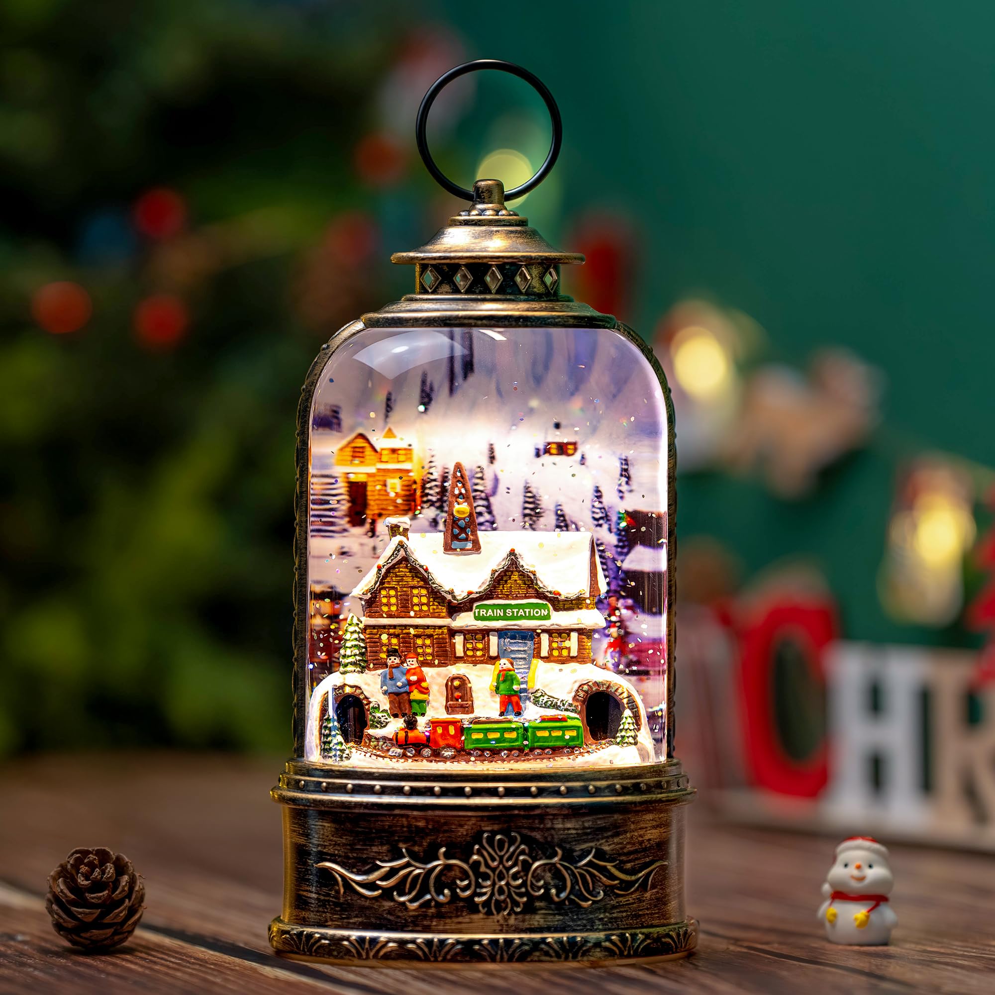 Fall Snow Globe Lantern with Autumn Turkey and Pumpkins Thanksgiving LED Decor for Home, Indoor Tabletop Centerpiece with Glitter Flakes, Harvest Light Decorations