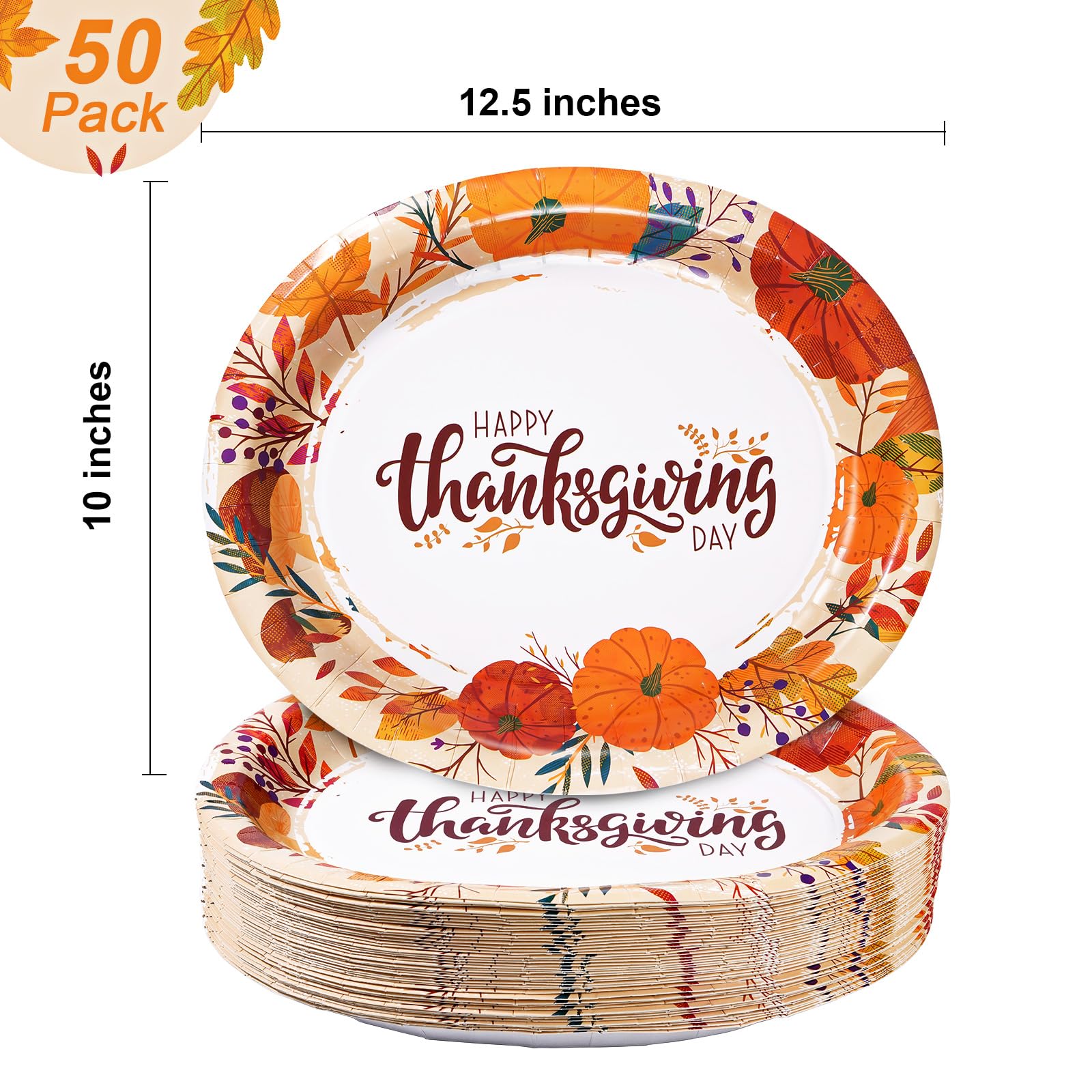 50 Count Thanksgiving Oval Paper Plates, 10" x 12.5" Large Disposable Dinner Serving Party Platters Heavy Duty, Autumn Fall Harvest Party Supply Thanksgiving Decor