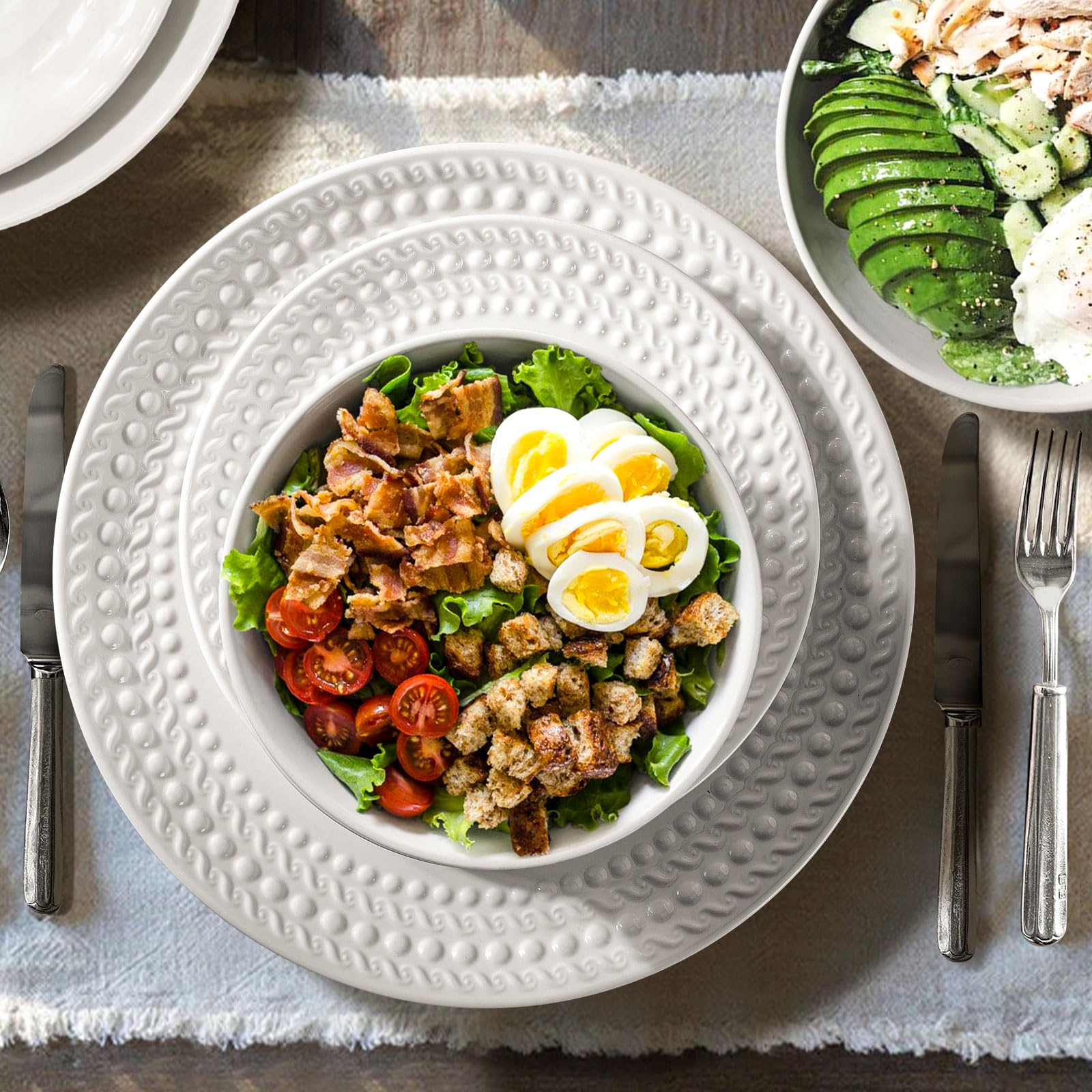 Large Salad Bowls Set of 4, 60oz White Serving Bowls Deep Deep Embossed Ceramic Mixing Bowl for Soup Kitchen, Eating, Ramen, Pasta, Dishwasher & Microwave Safe 8 inch (Multiple Patterns)