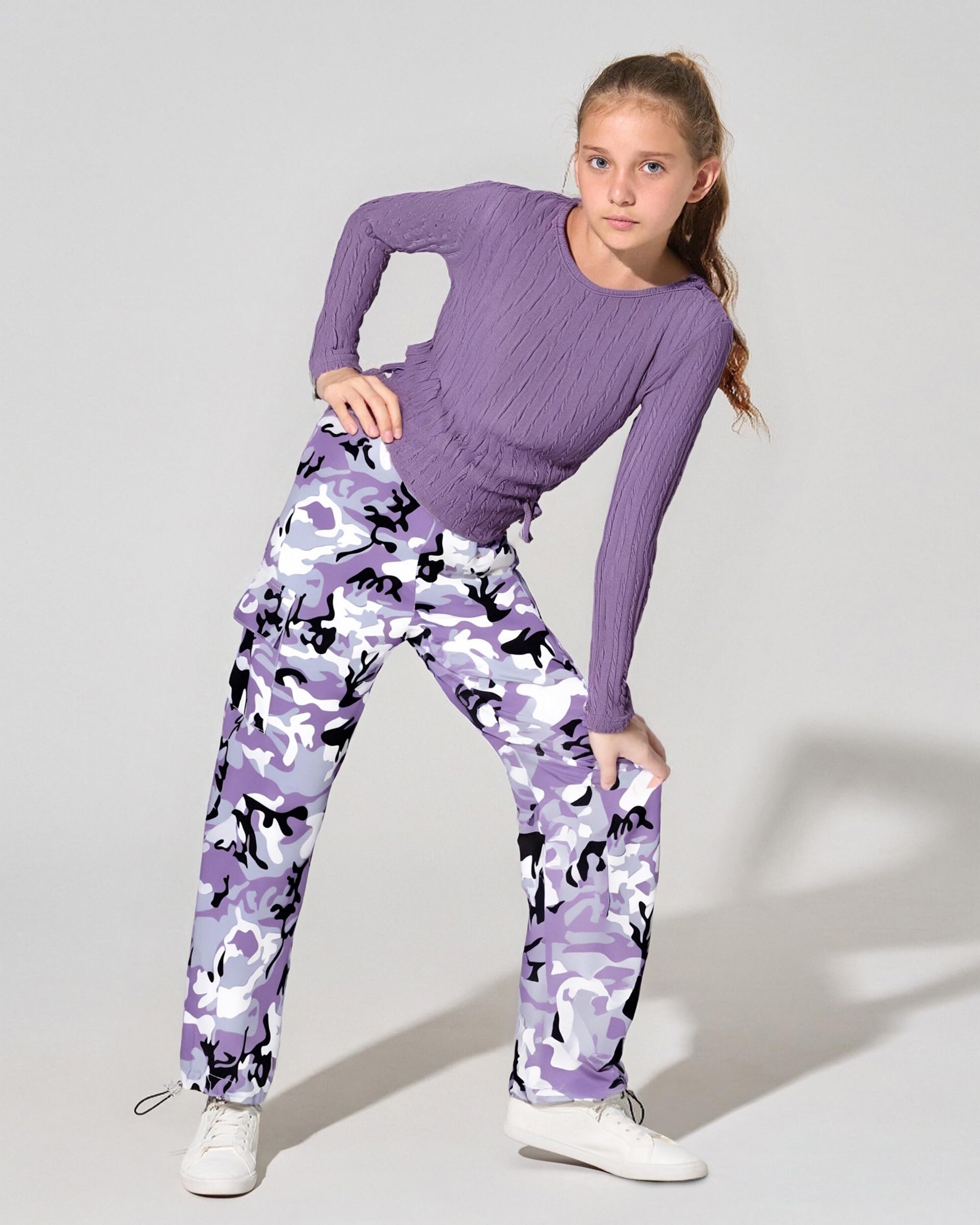 Girls Clothes Tween Girl Clothing Long Sleeve Ruched Drawstring Ribbed Knit Top Camo Cargo Pants Fall Winter Outfits