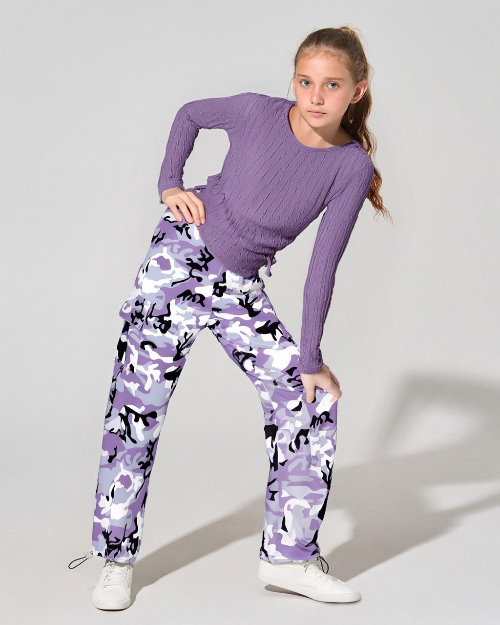 Girls Clothes Tween Girl Clothing Long Sleeve Ruched Drawstring Ribbed Knit Top Camo Cargo Pants Fall Winter Outfits