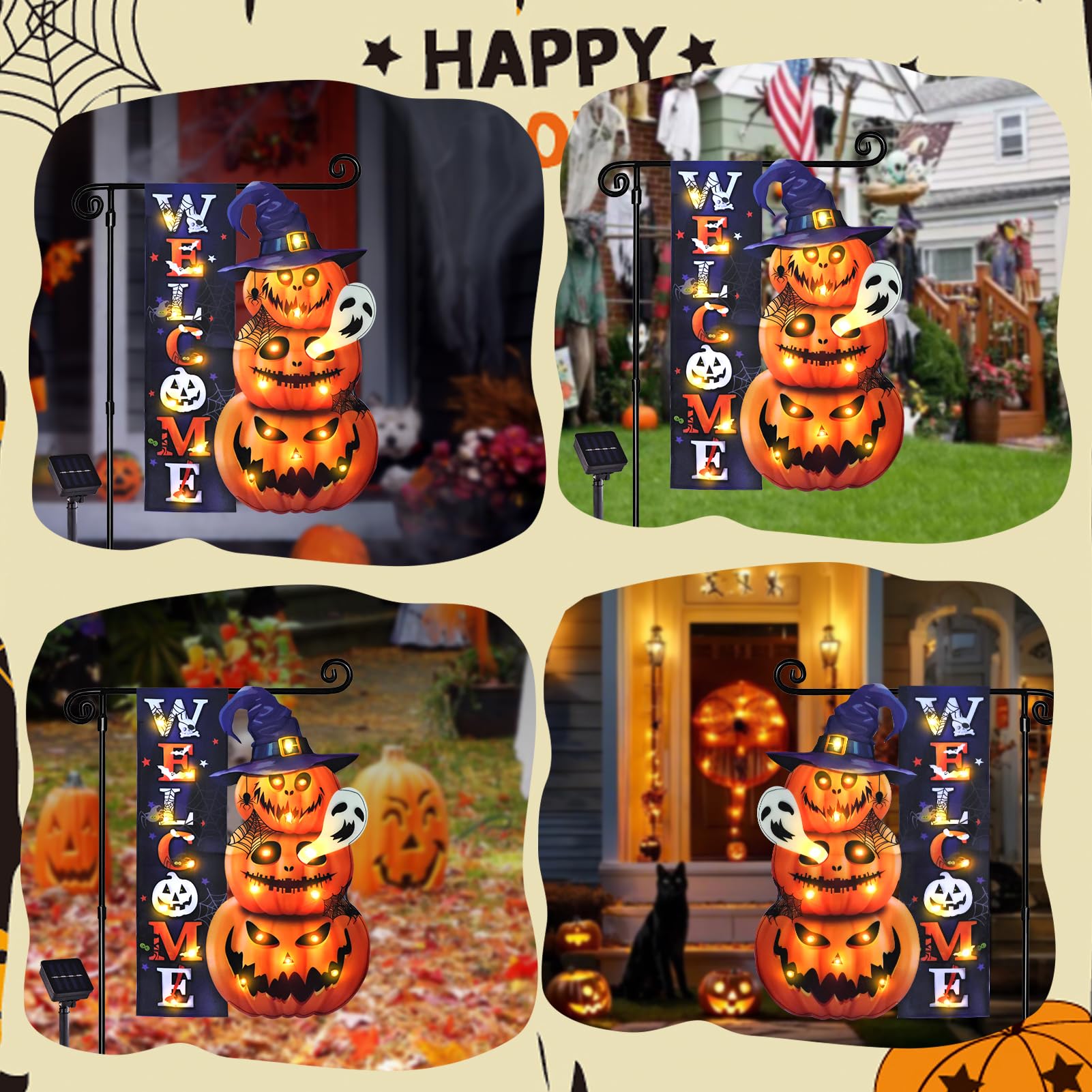 Halloween Lighted Garden Flag for Outside, Led Solar Yard Flag 8 Modes Witch Feet Shape Flag, 12x18 Double Sided Cauldron Eyeball Black Cat Decorations for Home Porch