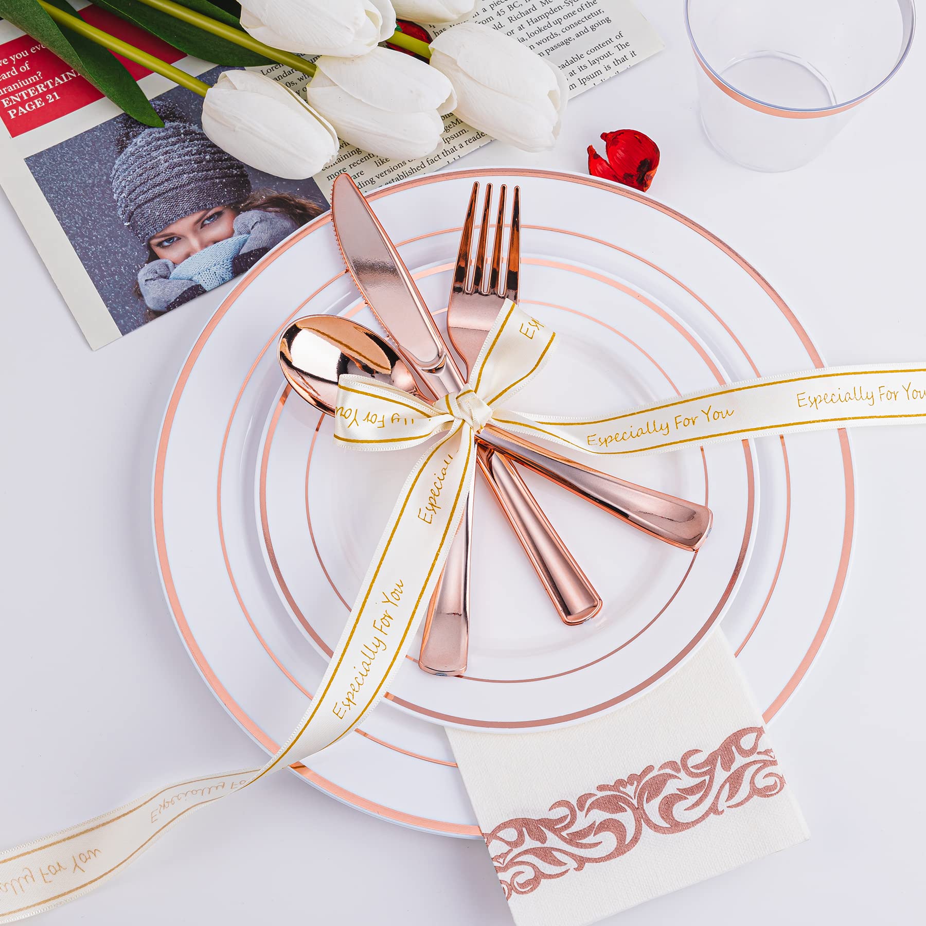 N9R 300PCS Gold Plastic Silverware, Heavy Duty Gold Plastic Cutlery Set Disposable Flatware Dinnerware, 100 Forks, 100 Spoons, 100 Knives, Perfect for Party, Wedding and Daily Use