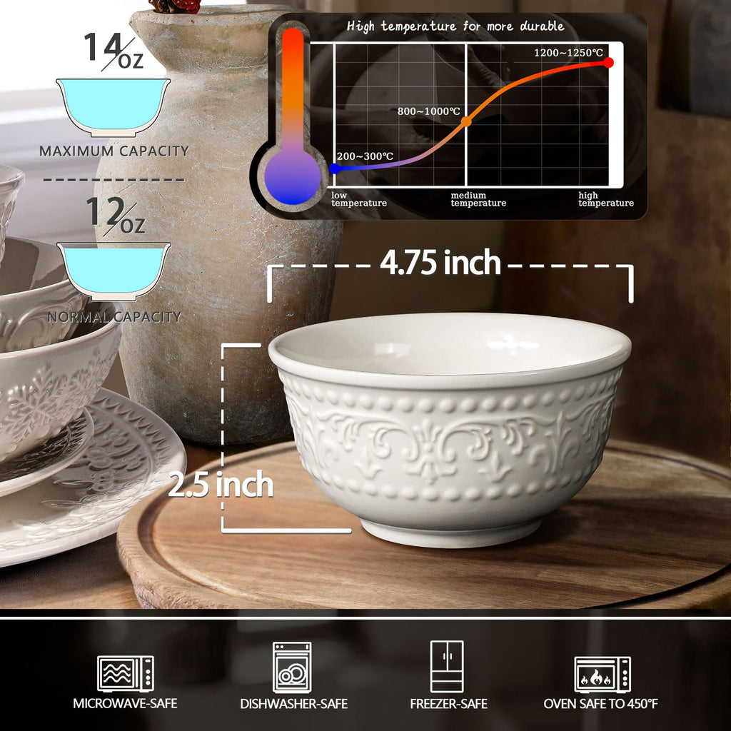 Large Salad Bowls Set of 4, 60oz White Serving Bowls Deep Deep Embossed Ceramic Mixing Bowl for Soup Kitchen, Eating, Ramen, Pasta, Dishwasher & Microwave Safe 8 inch (Multiple Patterns)