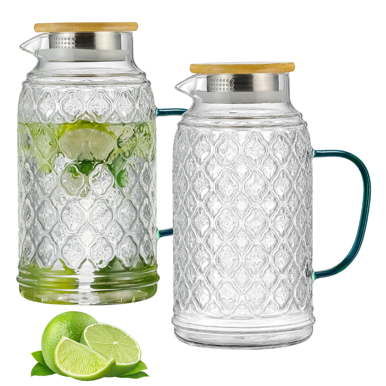 Glass Pitcher with Lid, 2 PACK 68 oz/2 Liter Vintage Water Pitcher, Clear Borosilicate Glass Water Carafe for Cold Brew, Coffee, Lemonade, Iced Sun Tea,Beverage, Milk, Heat Resistant