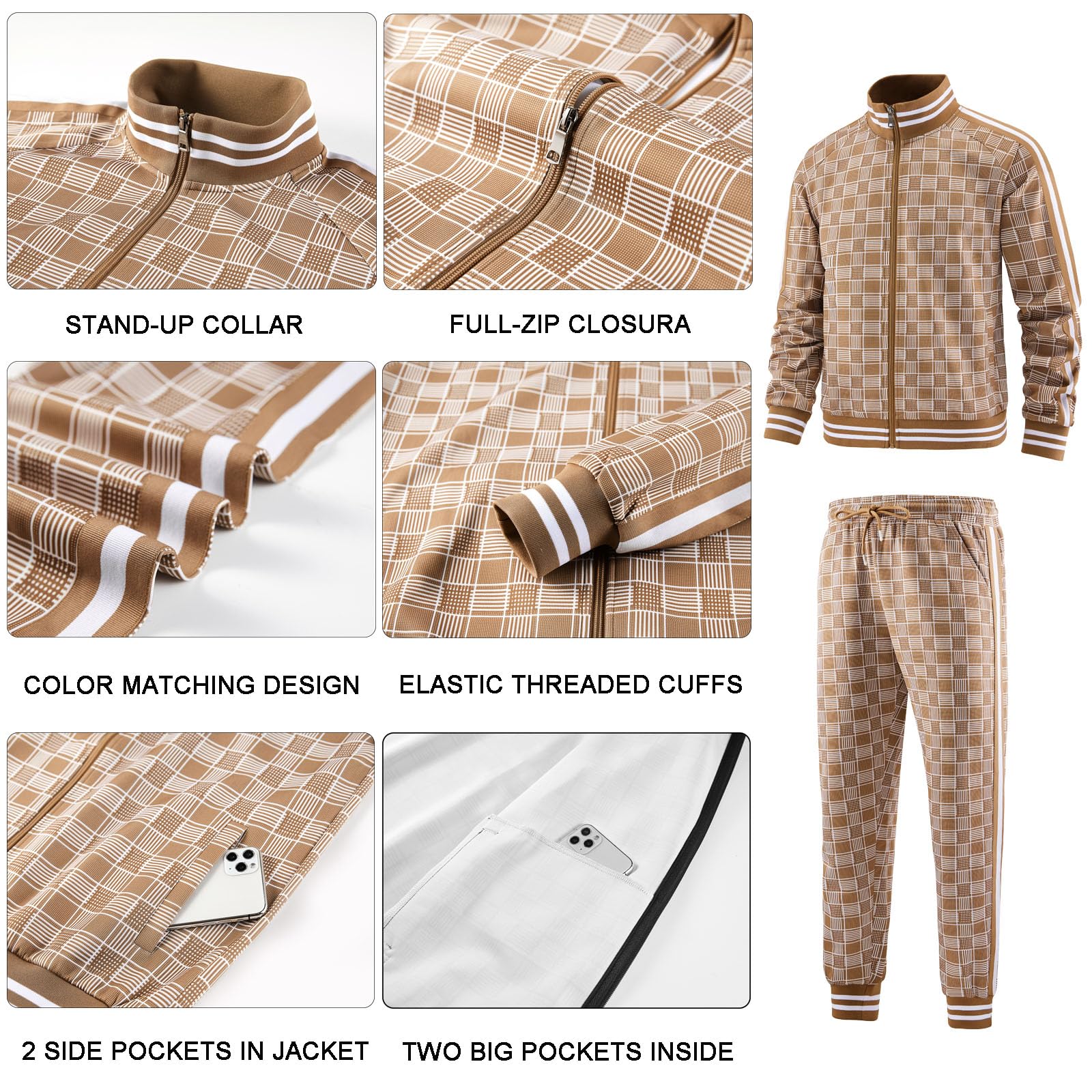 Men Tracksuits Full-zip Long Sleeve Plaid Track Jackets and Pants 2 Piece