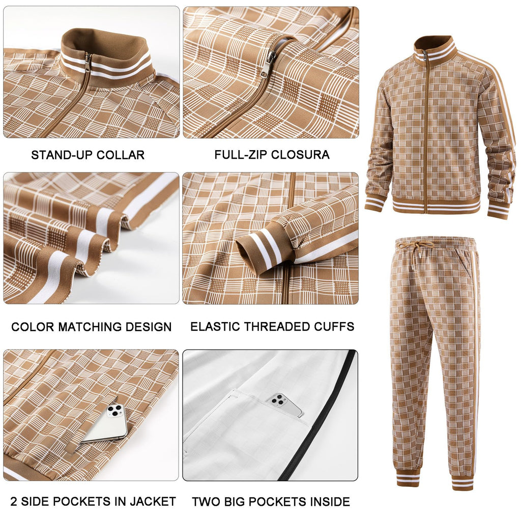 Men Tracksuits Full-zip Long Sleeve Plaid Track Jackets and Pants 2 Piece