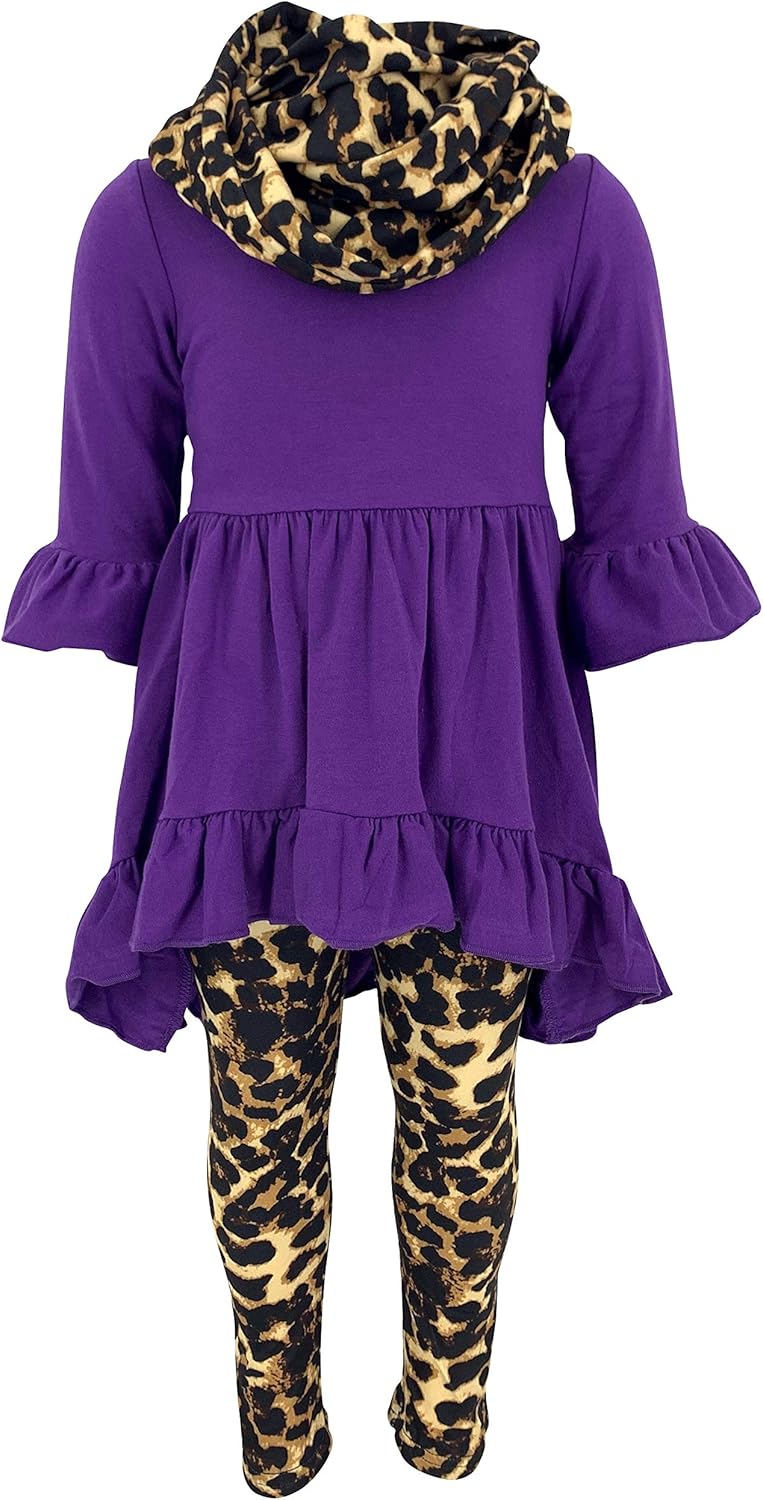 Unique Baby Girls Kids Toddler 3pc Outfit Set Long Sleeve Cotton Blend Tunic Top Leggings and Scarf