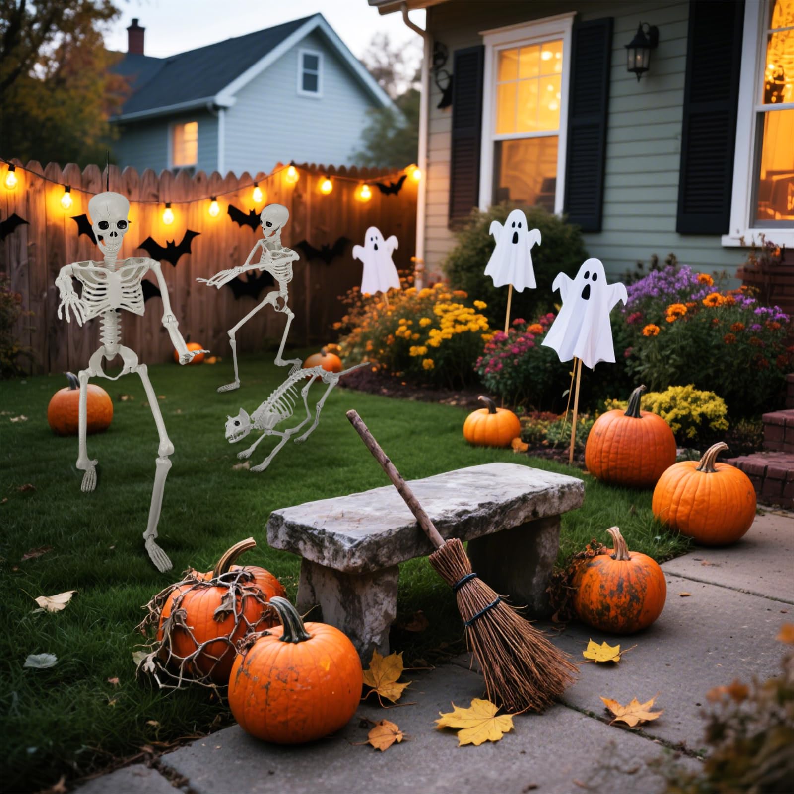 Lighted Human & Dog Skeleton Halloween Decorations Outdoor/Indoor - 36 Inch Realistic Full Body Movable Posable Skeleton Spooky Halloween Decor for Garden Yard Porch Indoor Party Haunted Graveyard