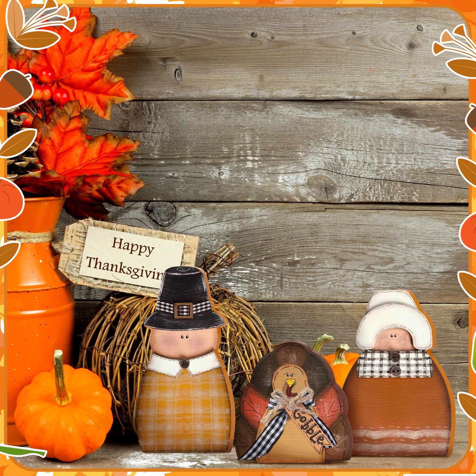 3 Pcs Fall Thanksgiving Decorations Fall Wooden Turkey Pilgrim Couple Table Sign Thanksgiving Standing Tabletop Decor for Autumn Harvest Indoor Tabletop(Turkey)