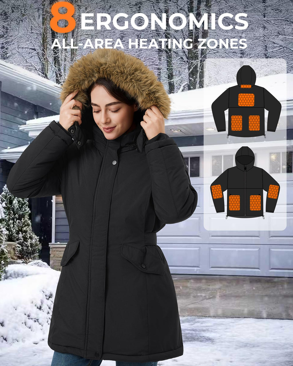Graphene Long Heated Jacket for Women with 18400mAh 12V Battery Pack, Womens Parka Coat with Faux Fur Detachable Hood