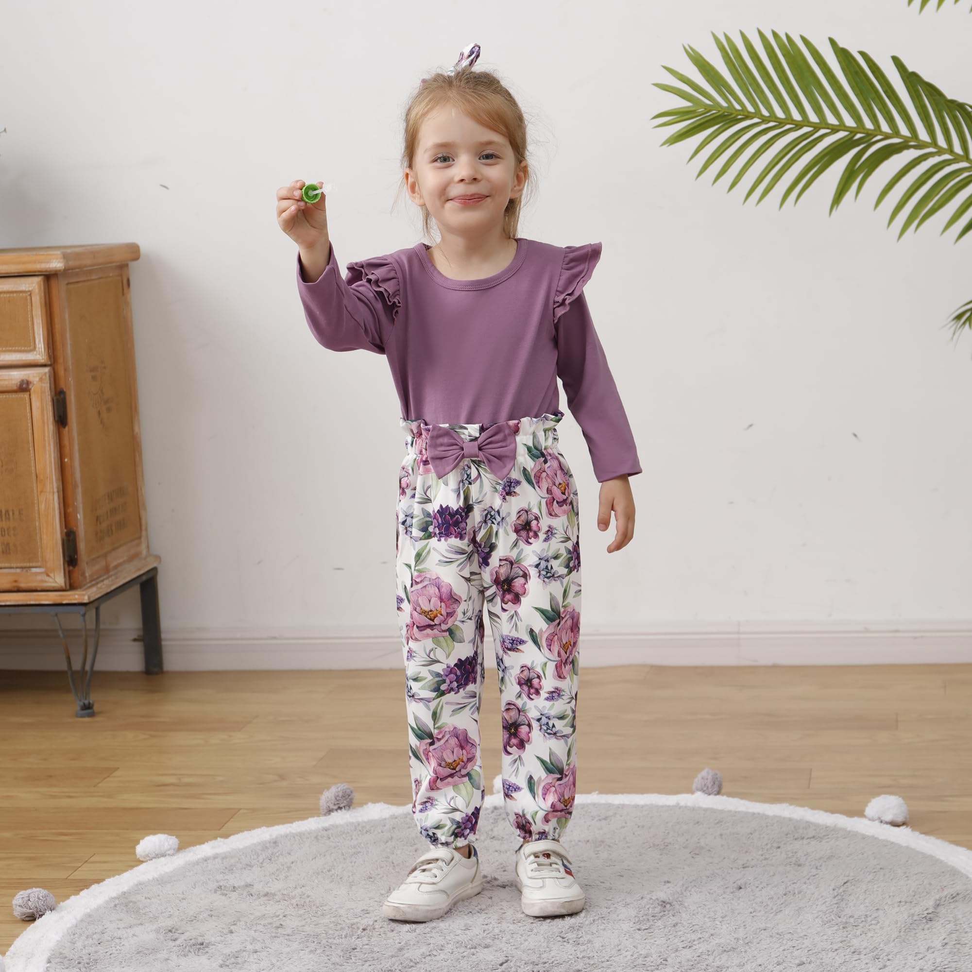 SANMIO Toddler Girl Clothes Outfits Cute Ruffle Sleeve Shirt Floral Pant+Headband 3Pcs Baby Girl Clothing Set 1-6T