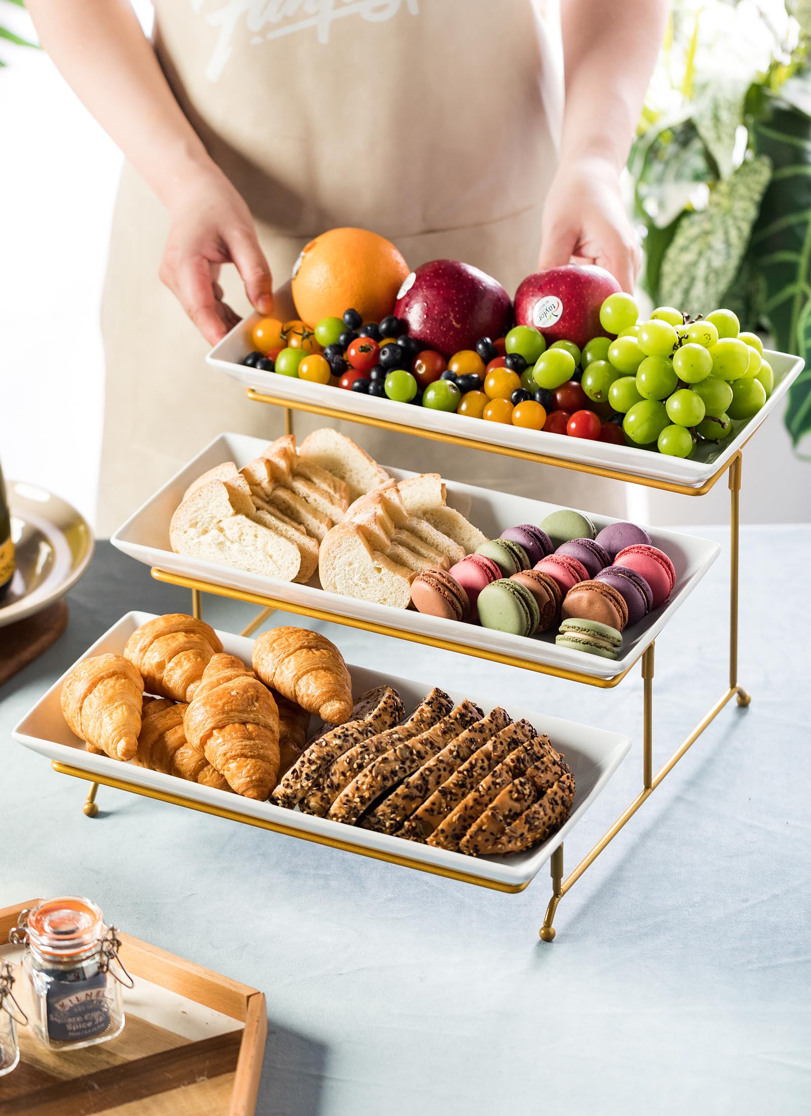 LYEOBOH 3 Tier Serving Bowls Set with Collapsible Thicker Metal Stand, Oval Serving Dishes for Entertaining Tiered Serving Stand for Fruit, Dessert, Candy, Chip and Dip (Black)