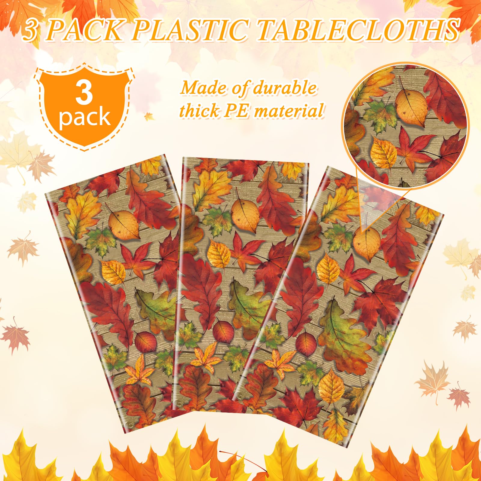 3Pack Fall Leaf Plastic Tablecloth Decorations,Disposable Autumn Orange Leaf Maple Table Cloths for Parties,Rectangle Thanks Giving Table Cover for Kitchen Fall Harvest Thanks Giving Decor,54x108 Inch