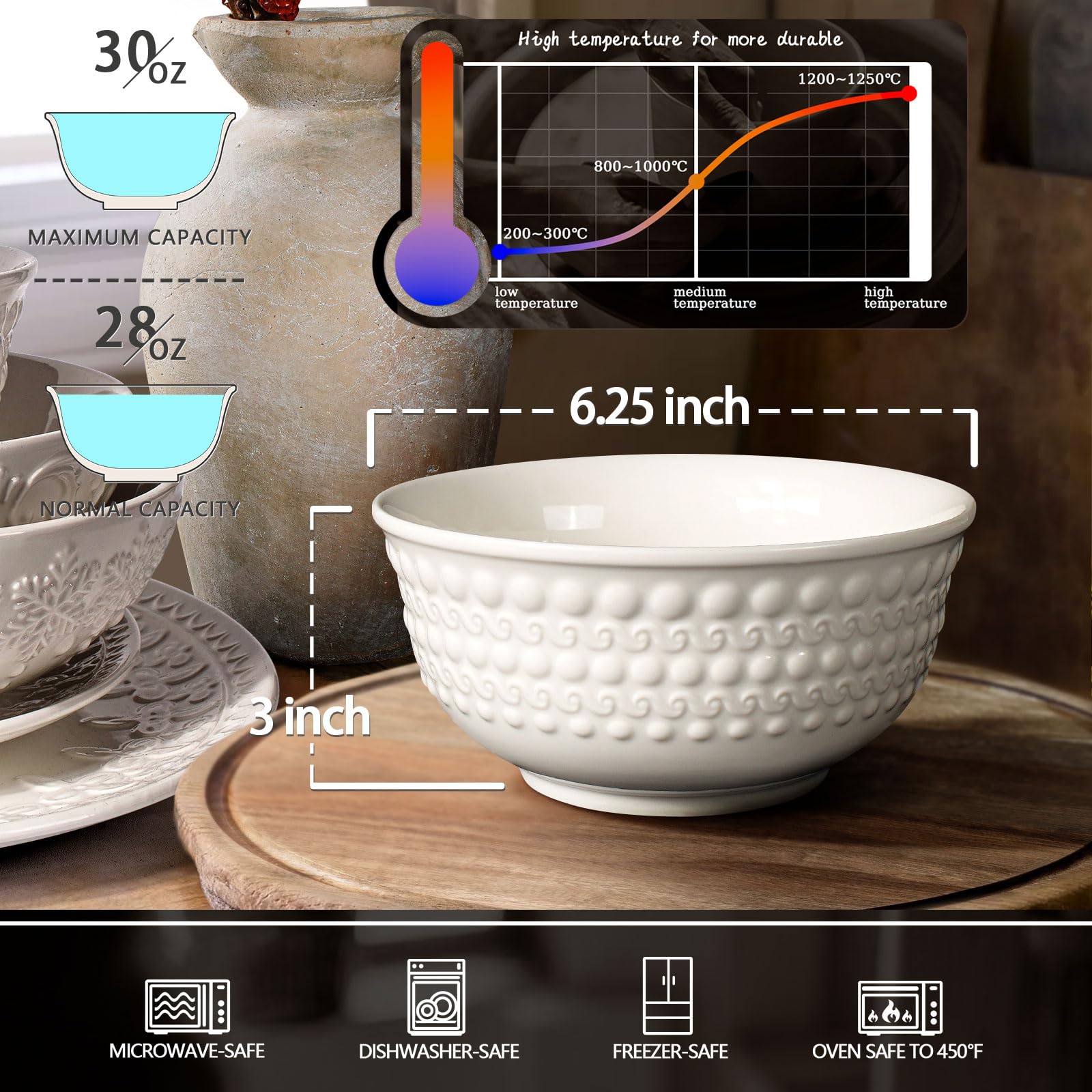 Large Salad Bowls Set of 4, 60oz White Serving Bowls Deep Deep Embossed Ceramic Mixing Bowl for Soup Kitchen, Eating, Ramen, Pasta, Dishwasher & Microwave Safe 8 inch (Multiple Patterns)