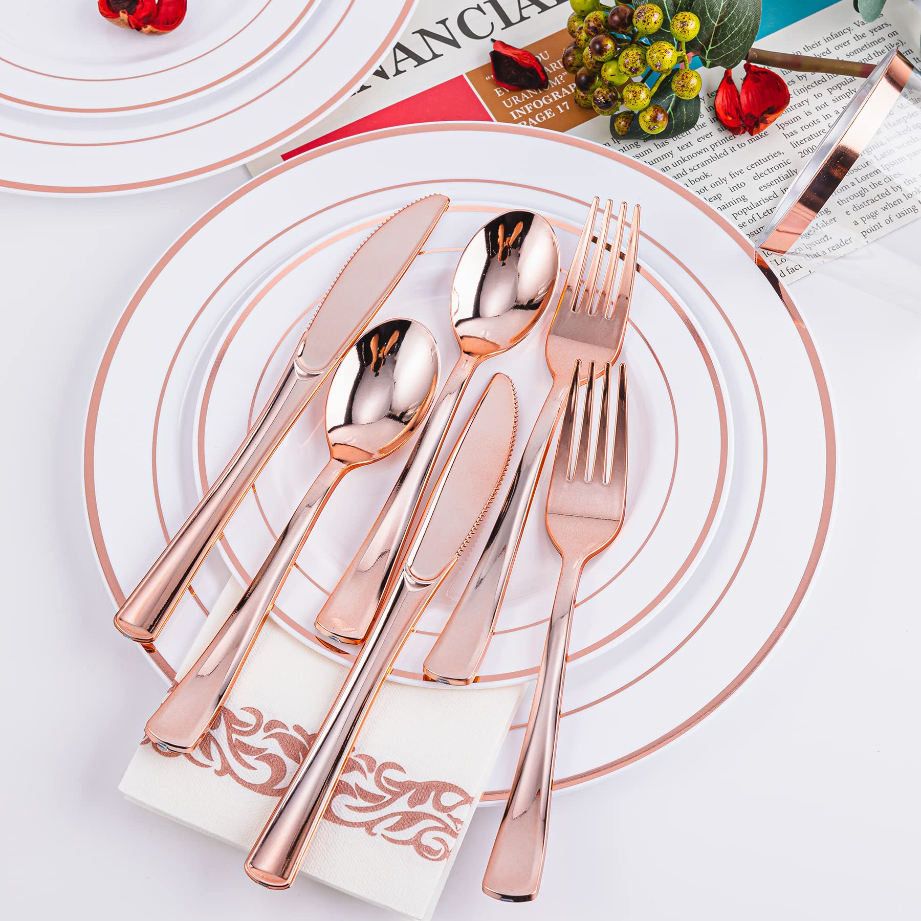 N9R 300PCS Gold Plastic Silverware, Heavy Duty Gold Plastic Cutlery Set Disposable Flatware Dinnerware, 100 Forks, 100 Spoons, 100 Knives, Perfect for Party, Wedding and Daily Use