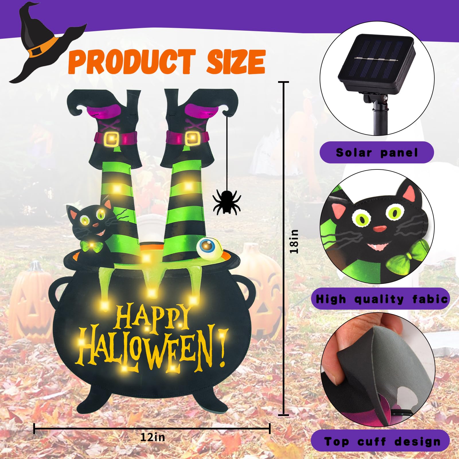 Halloween Lighted Garden Flag for Outside, Led Solar Yard Flag 8 Modes Witch Feet Shape Flag, 12x18 Double Sided Cauldron Eyeball Black Cat Decorations for Home Porch