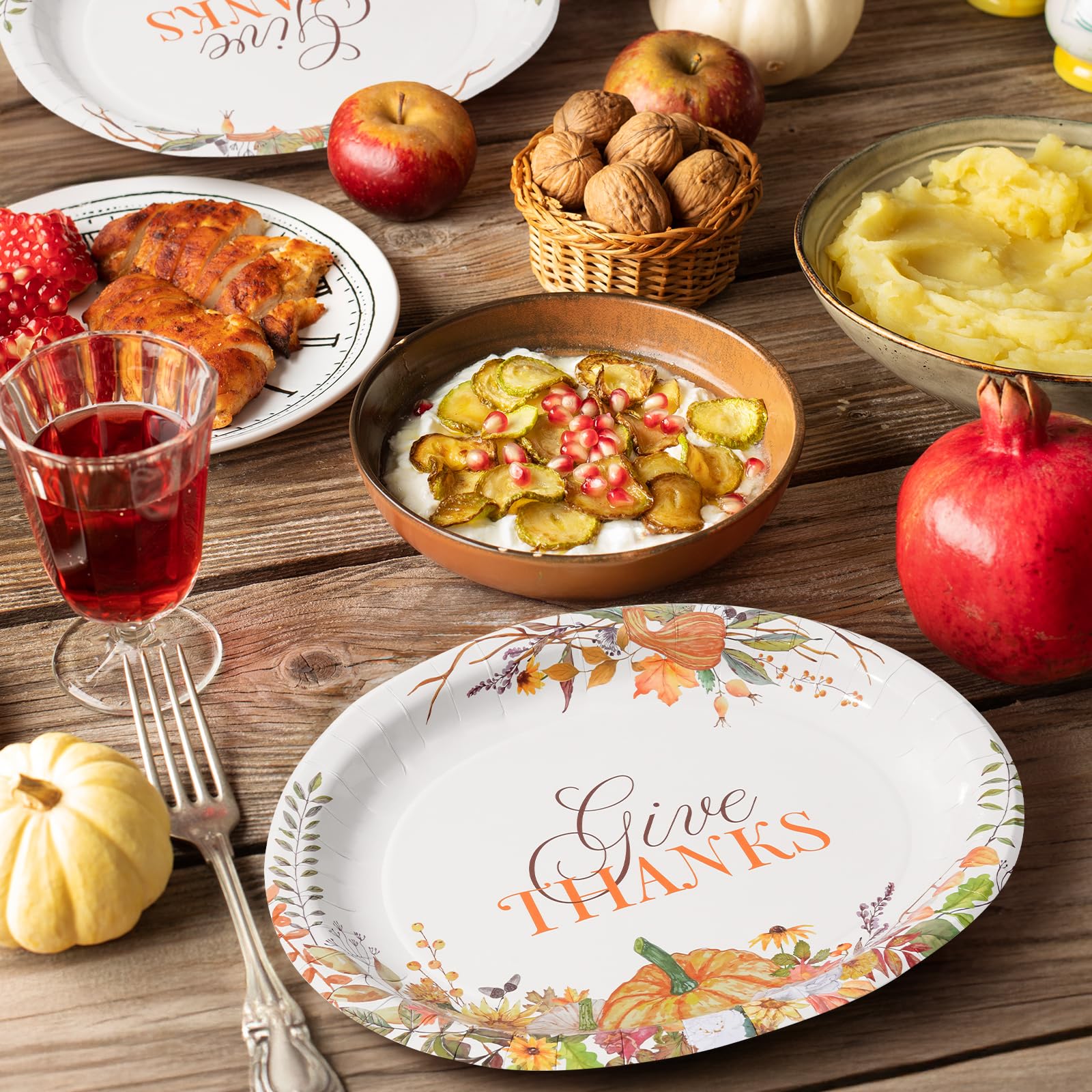 50 Count Thanksgiving Oval Paper Plates, 10" x 12.5" Large Disposable Dinner Serving Party Platters Heavy Duty, Autumn Fall Harvest Party Supply Thanksgiving Decor