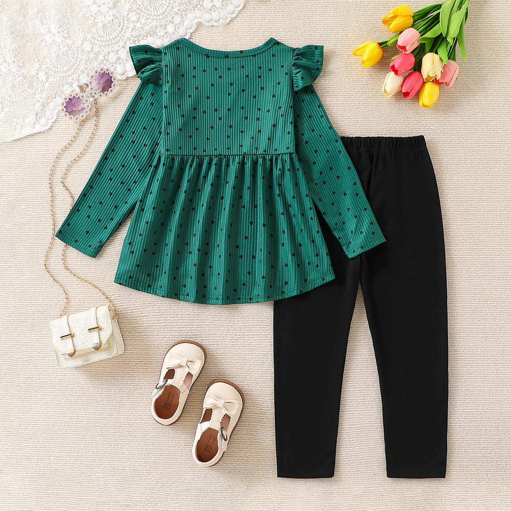 Toddler Girl Clothes Ruffle Long Sleeve Heart Print Tops and Pants 2PC Little Girl Winter Outfits Size (4-7T)