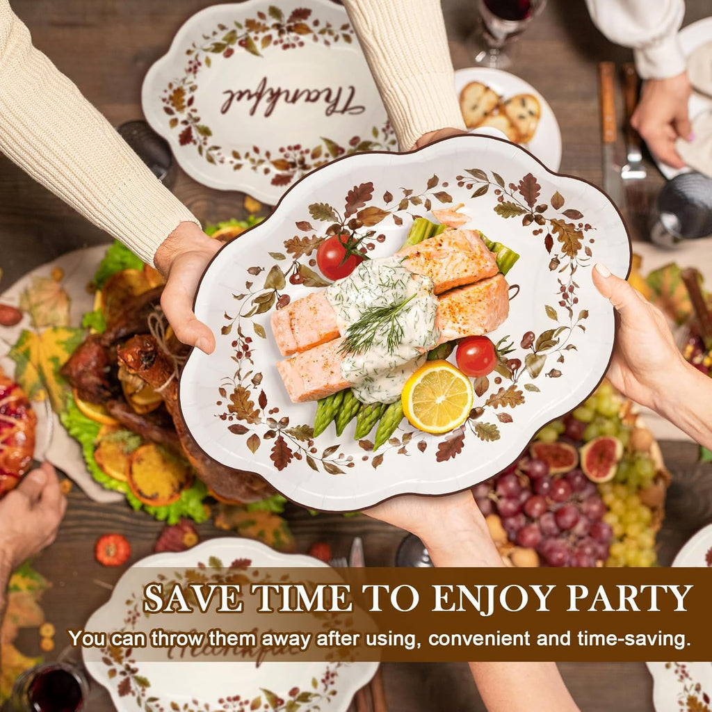 50 Pcs Thanksgiving Leaves Oval Paper Plates 9.6"x12"Autumn Berry Heavy Duty Party Plates Fall Maple Large Disposable Plates for Fall Harvest Give Thanks Party Supply