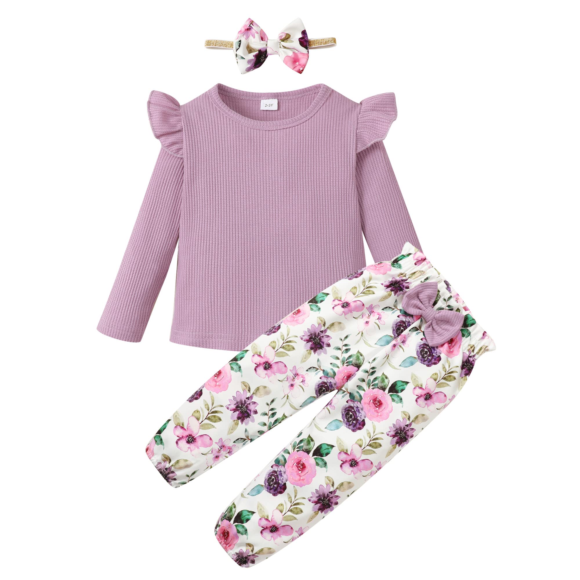 YALLET 3Pcs Toddler Girl Clothes Solid Color Long Sleeves Ruffle Top+Floral Pants+Headband 1-6 Years Fall/Winter Outfits Set