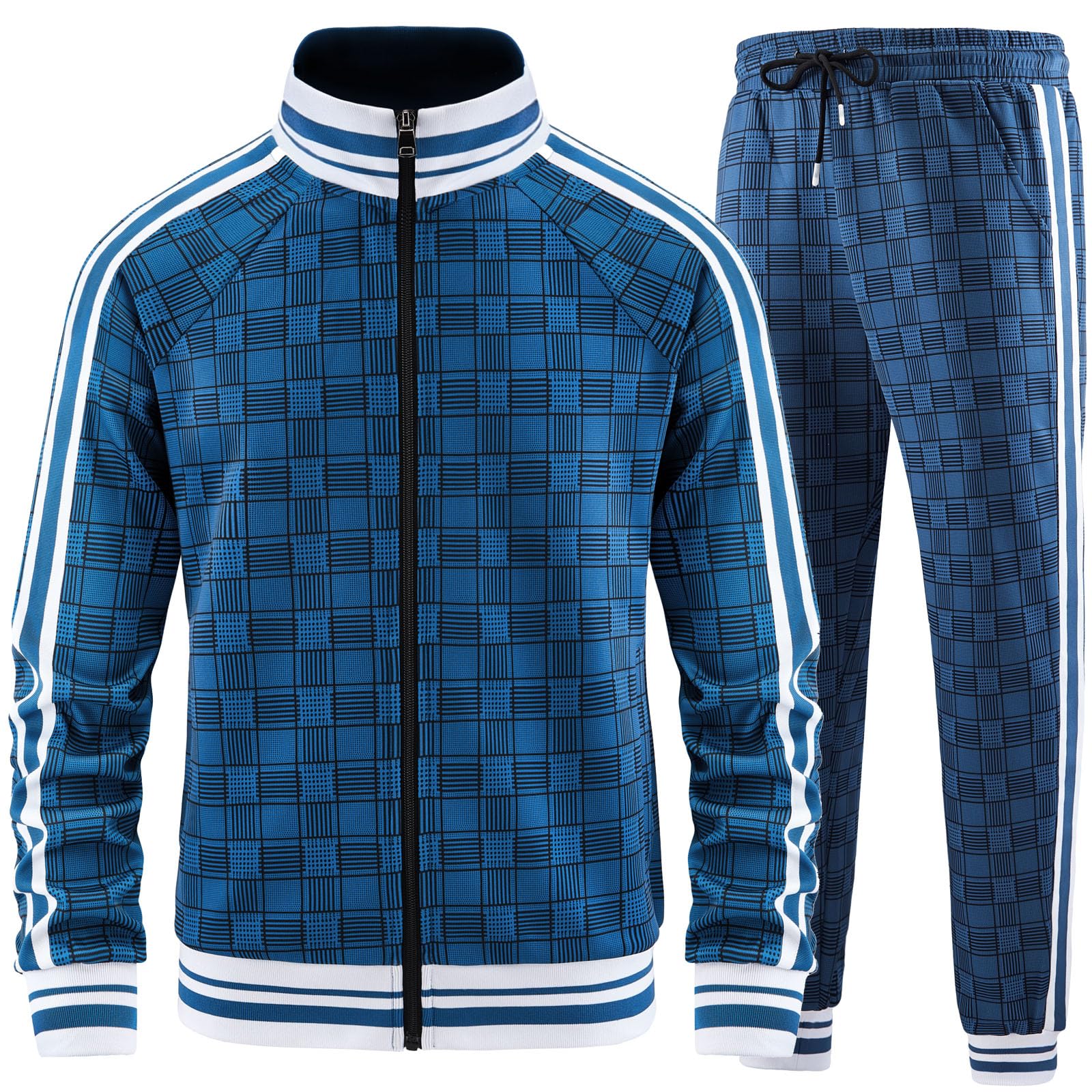Men Tracksuits Full-zip Long Sleeve Plaid Track Jackets and Pants 2 Piece