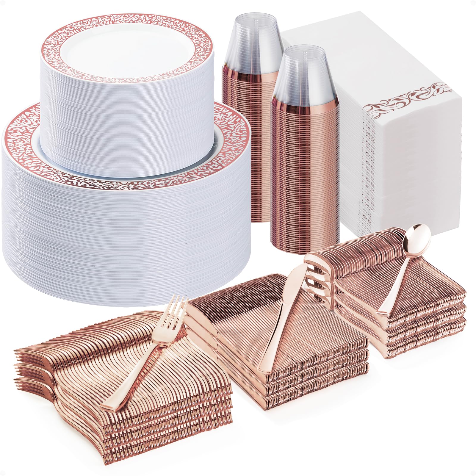 700PCS Gold Plastic Dinnerware Set for 100 Guests, Disposable Plates for Party, Include 100 Gold Dinner Plates, 100 Dessert Plates, 100 Set Silverware, 100 Cups, 100 Napkins