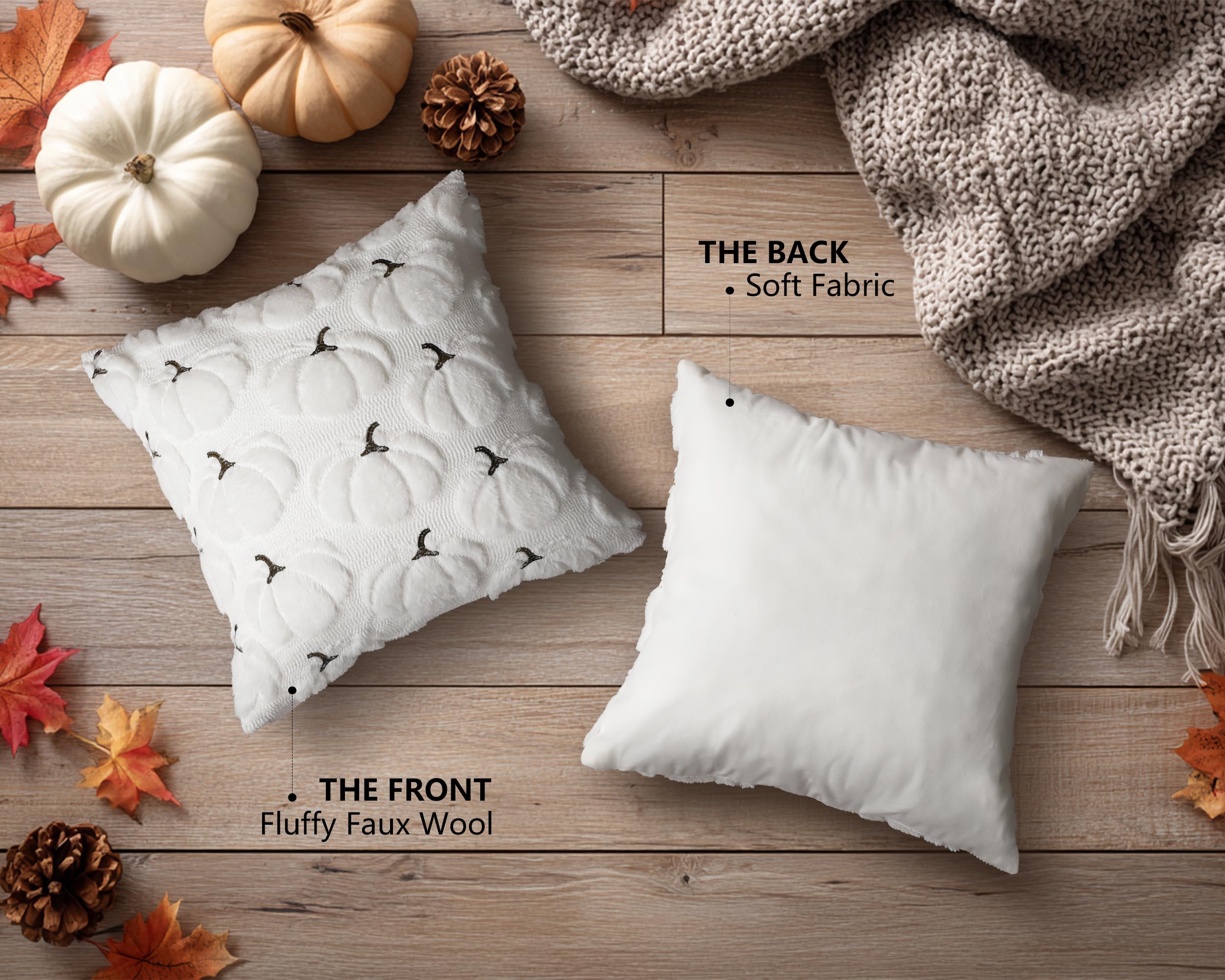 4TH Emotion Fall Pumpkins Decorative Pillow Covers 18x18 Set of 2, Beige Soft Plush Faux Fur Wool Farmhouse Throw Cushion Cases for Autumn Thanksgiving Holiday Home Decorations