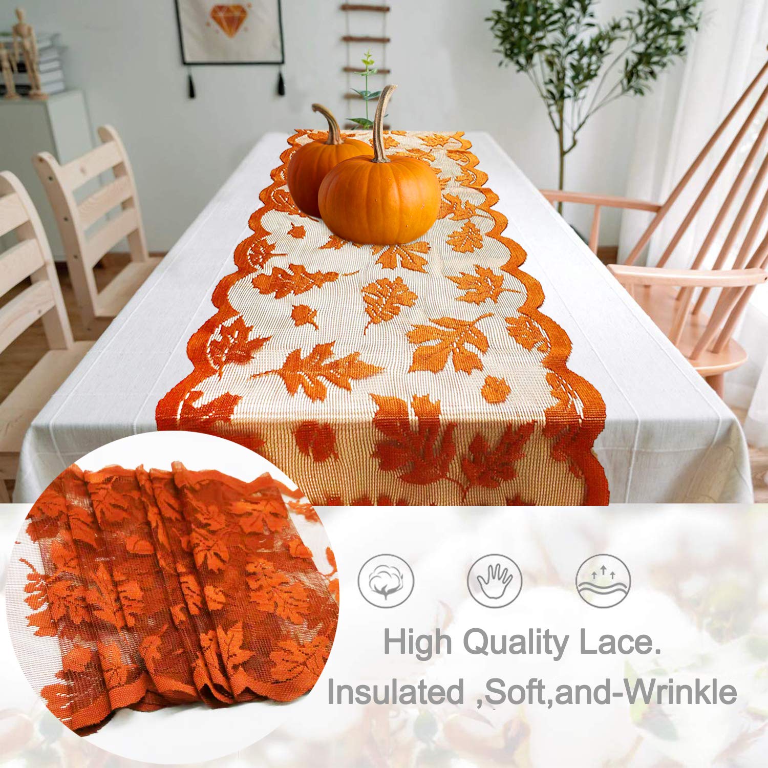 Fall Table Runner Decorations 13 x 72 Inch Maples Leaves Table Runner Fall Table Decor Autumn Harvest Orange Lace Runner Brow Long Thanksgiving Decorations for Home Tables Dinner (Brown)