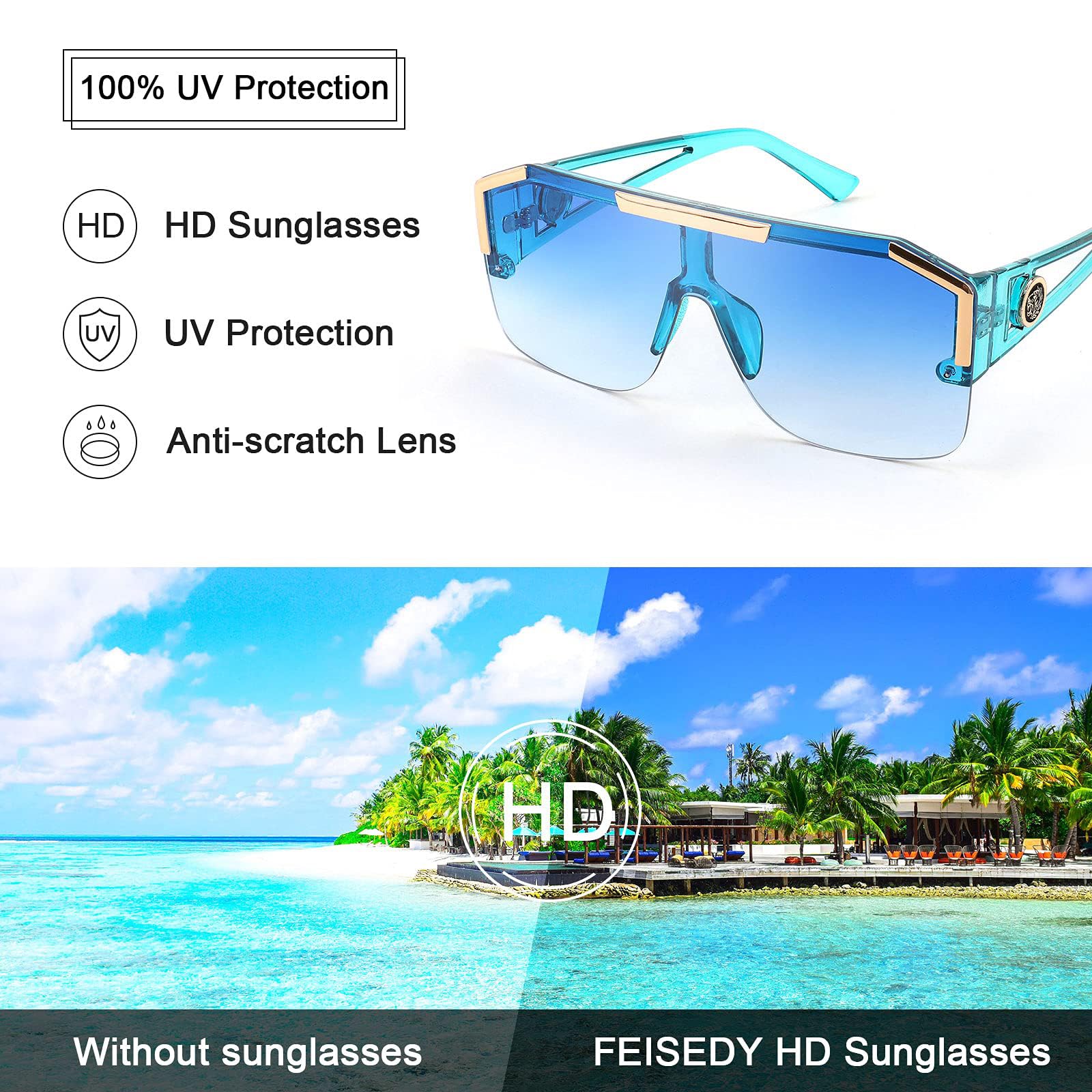 FEISEDY Square Oversized Sunglasses for Men Women, Flat Top Shield One Piece Lens Sun Glasses Shades B2765