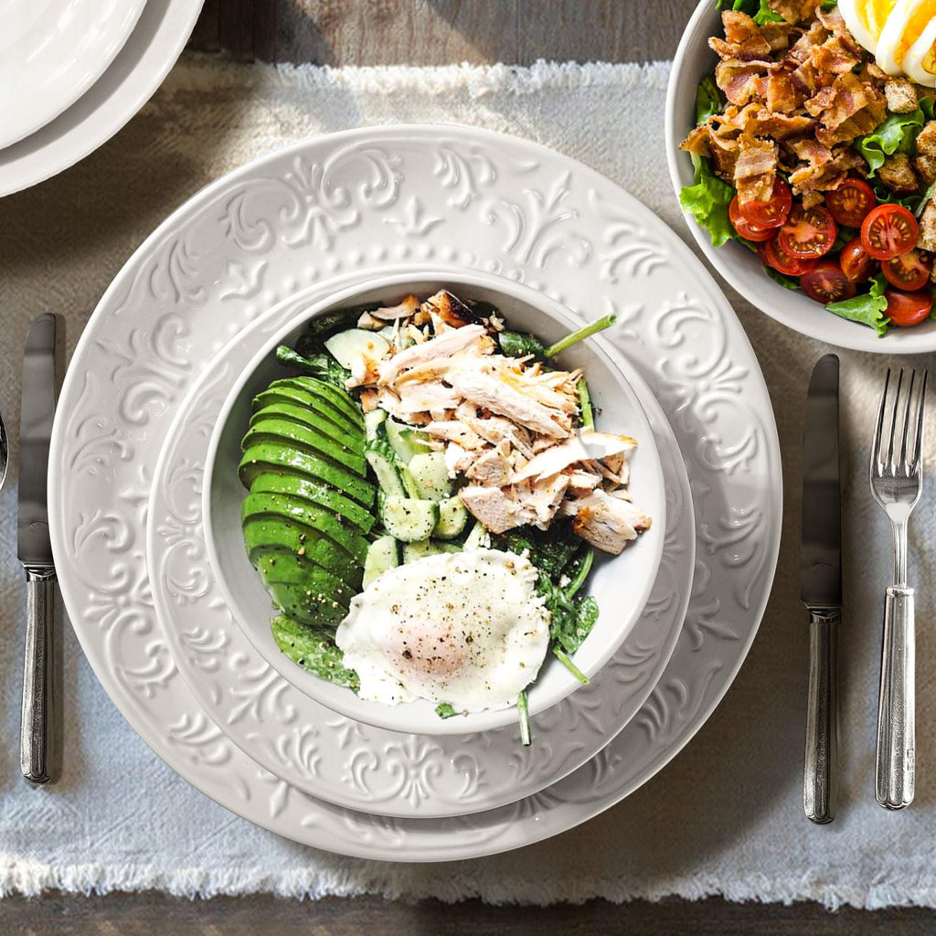 Large Salad Bowls Set of 4, 60oz White Serving Bowls Deep Deep Embossed Ceramic Mixing Bowl for Soup Kitchen, Eating, Ramen, Pasta, Dishwasher & Microwave Safe 8 inch (Multiple Patterns)