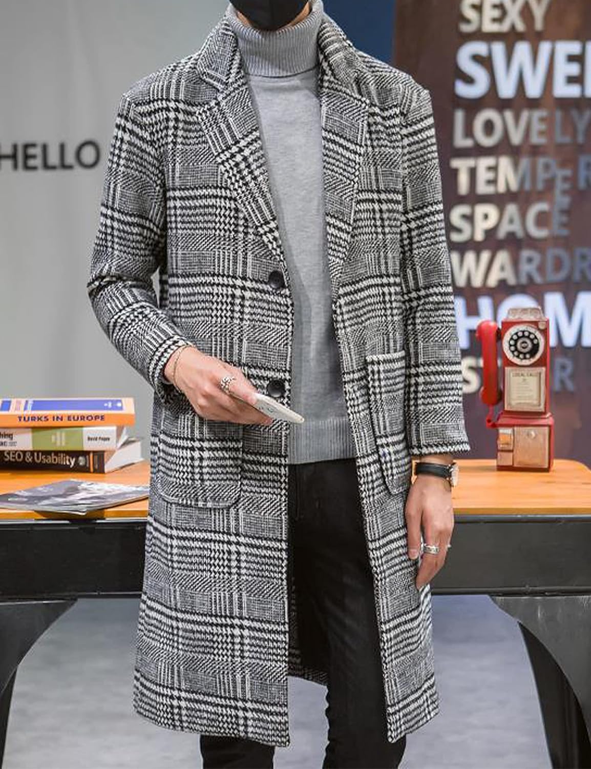 Springrain Men's Wool Blend Pea Coat Notched Collar Single Breasted Overcoat Warm Winter Trench Coat